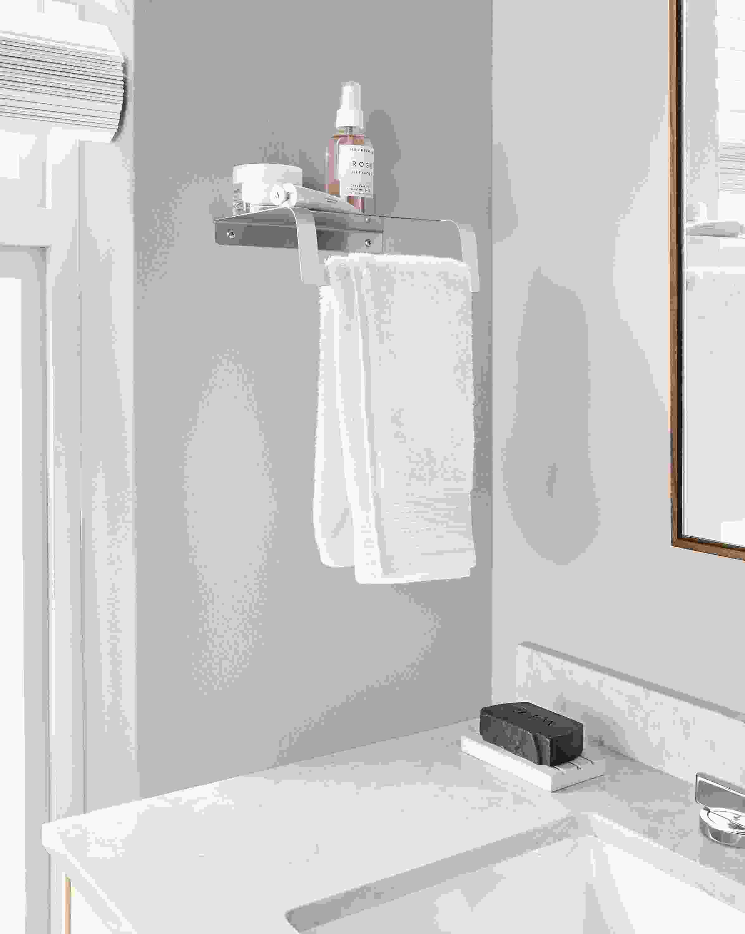 Detail of Bend towel holder in stainless steel.