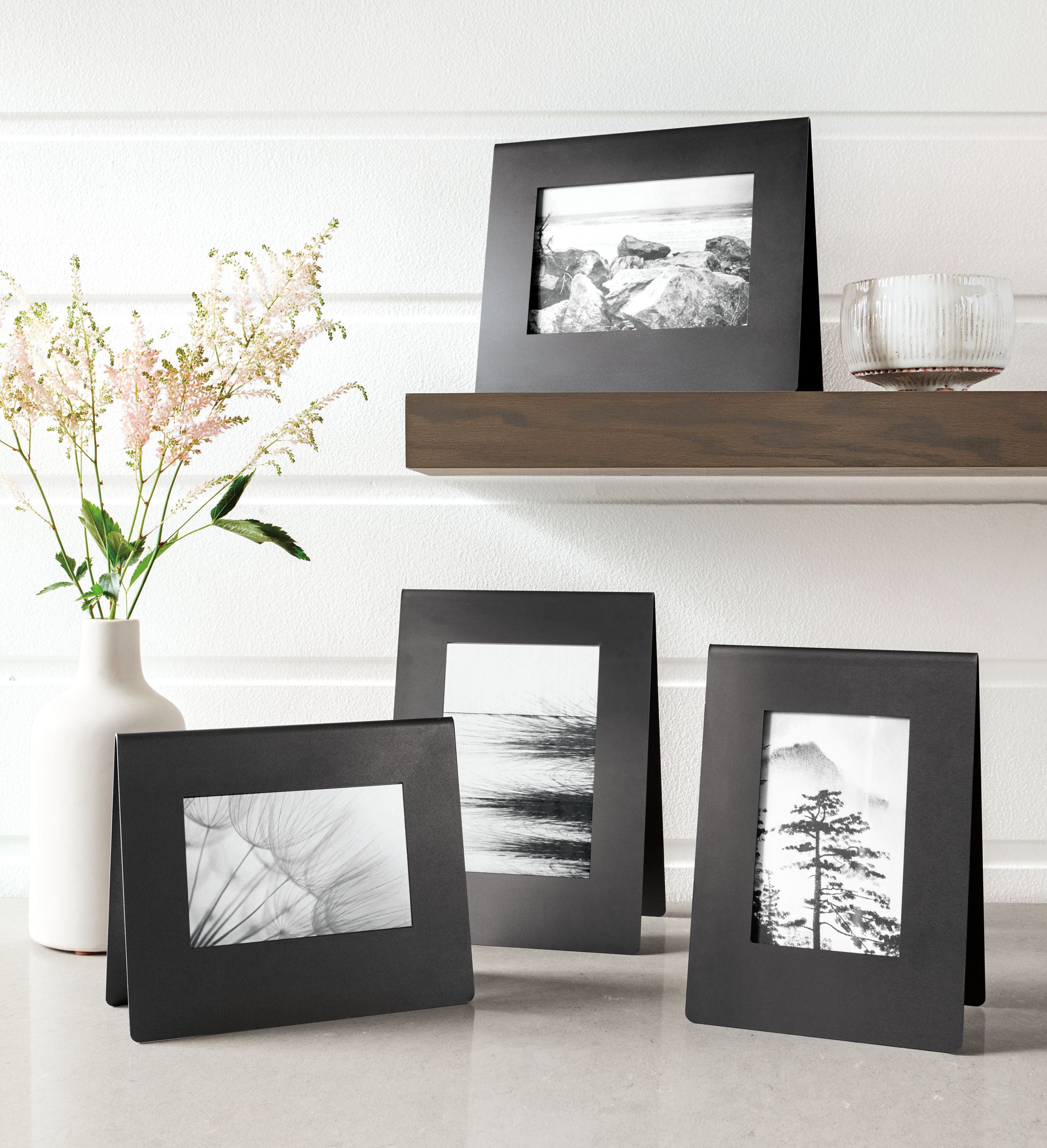 Natural steel frames as shown: (top) 5x7 horizontal; (bottom left to right) 4x6 horizontal, 5x7 vertical, and 4x6 vertical.