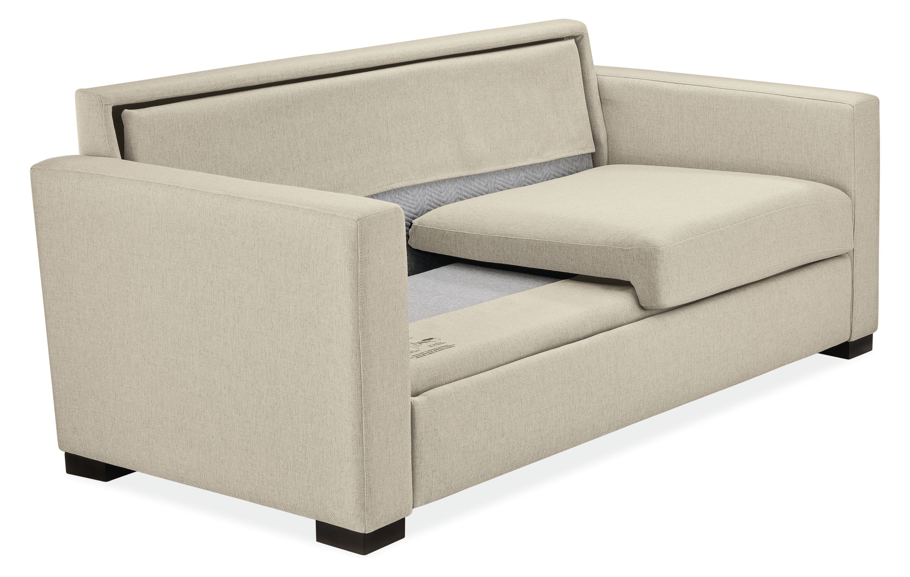 Berin wide-arm queen plus sleeper sofa in Sumner Linen shown with one cushion removed.