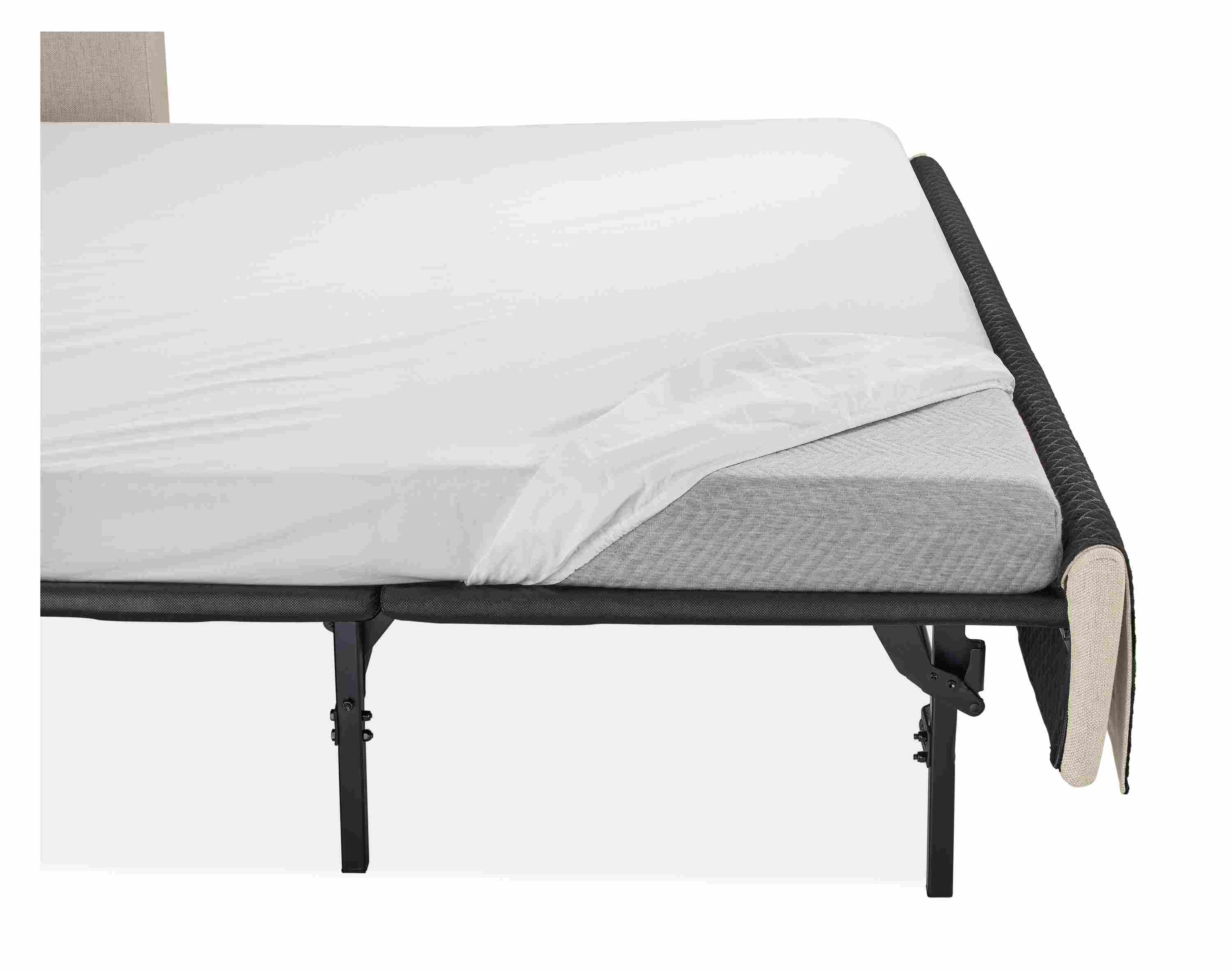 Detail of Berin queen plus sofa sleeper in Sumner Linen showing corner of mattress and support legs.