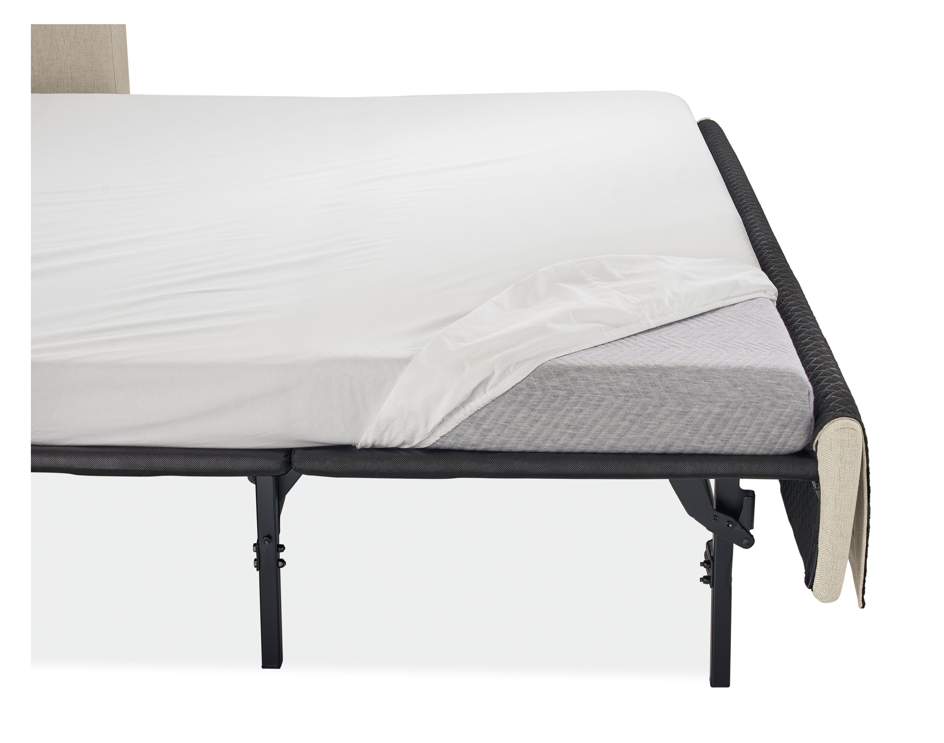 Detail of Berin queen plus sofa sleeper in Sumner Linen showing corner of mattress and support legs.