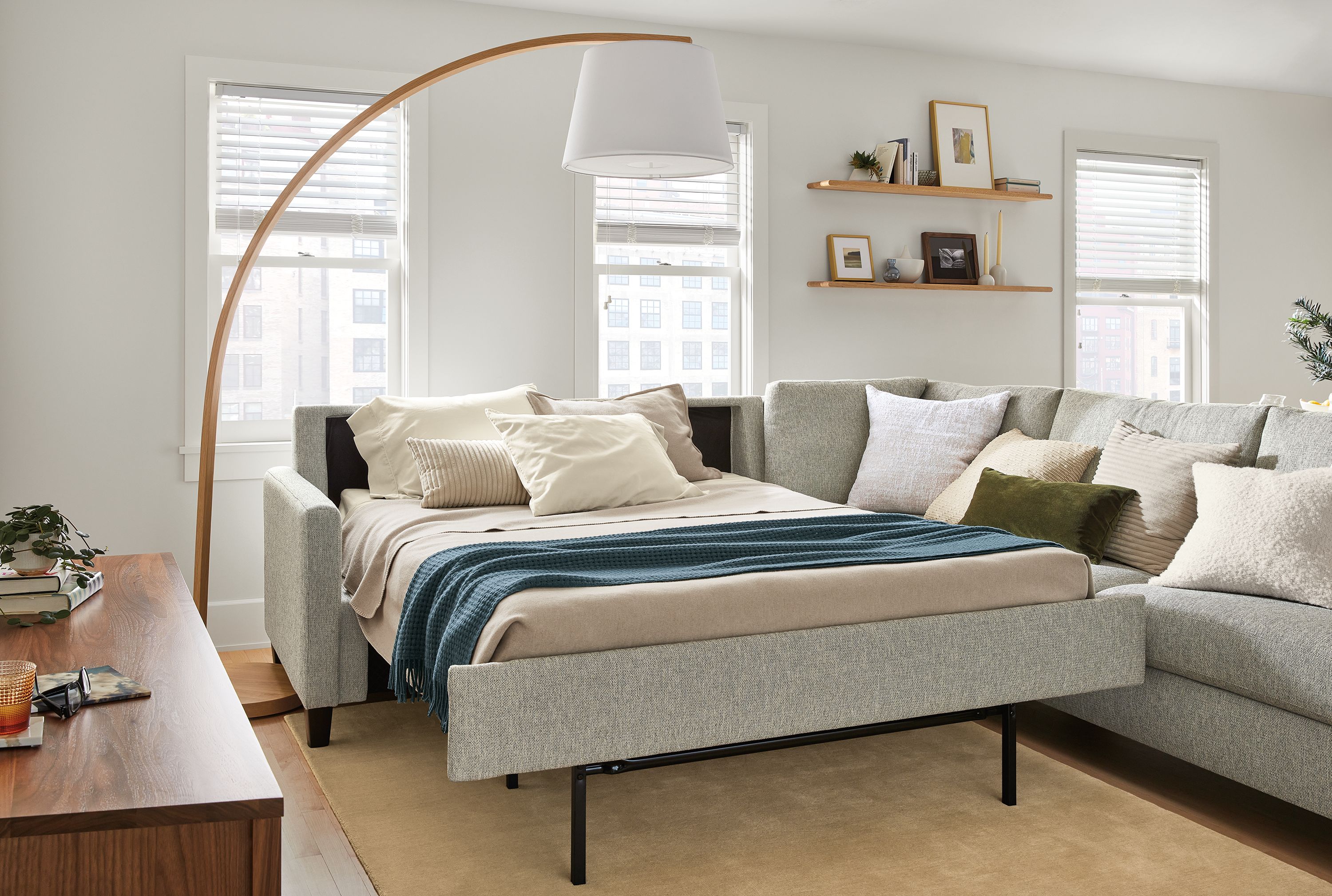 Thin arm 114x114" left-arm queen sleeper sofa in Tepic cement fabric