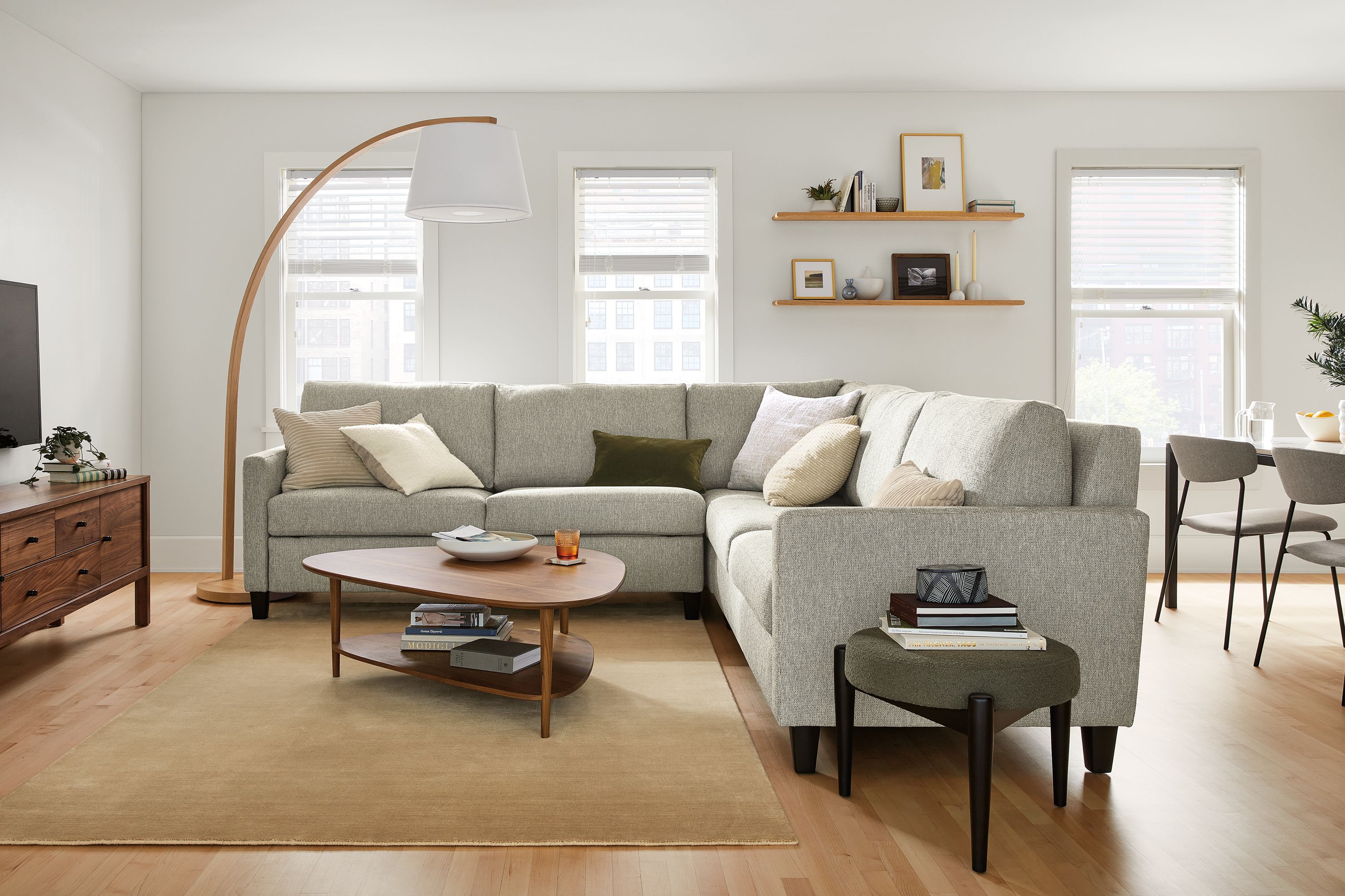 Thin arm 114x114" left-arm queen sleeper sofa in Tepic cement fabric