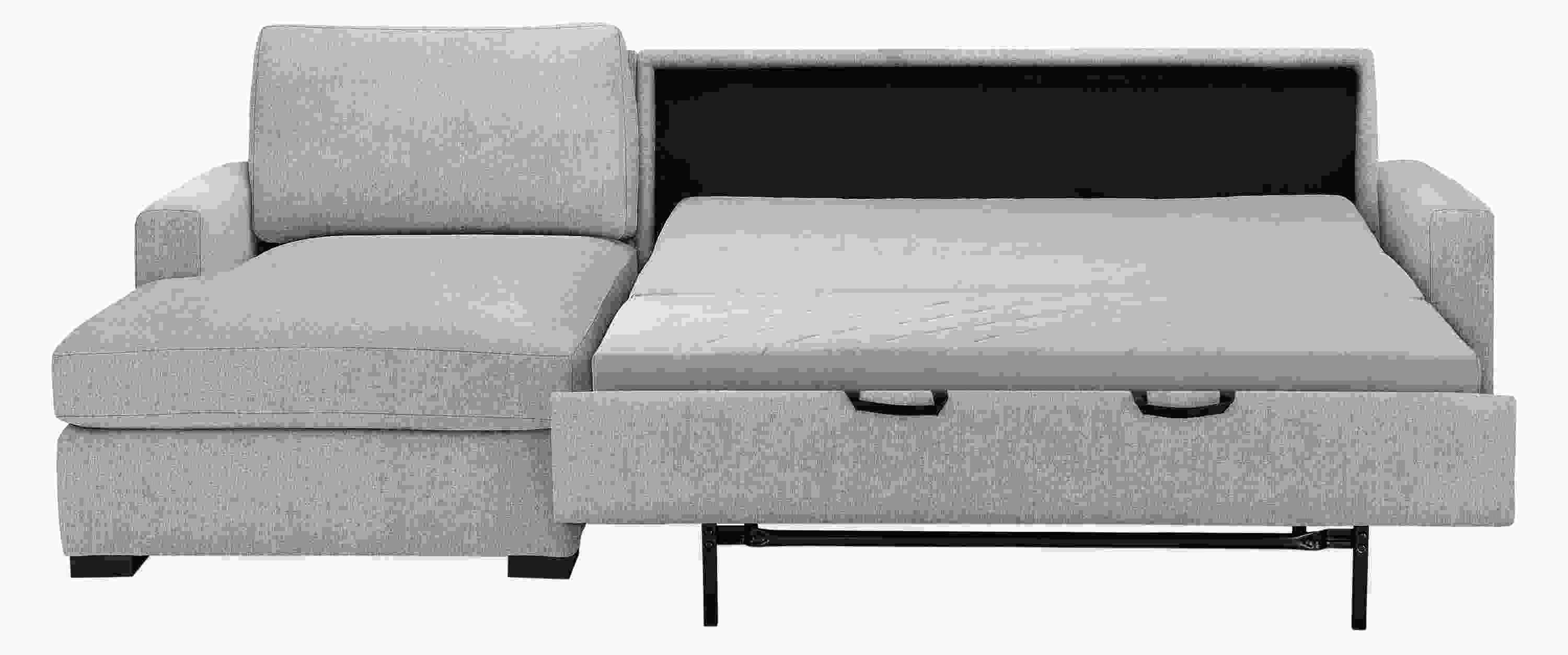 Front view of Berin sleeper sofa with left-arm chaise in full open position.