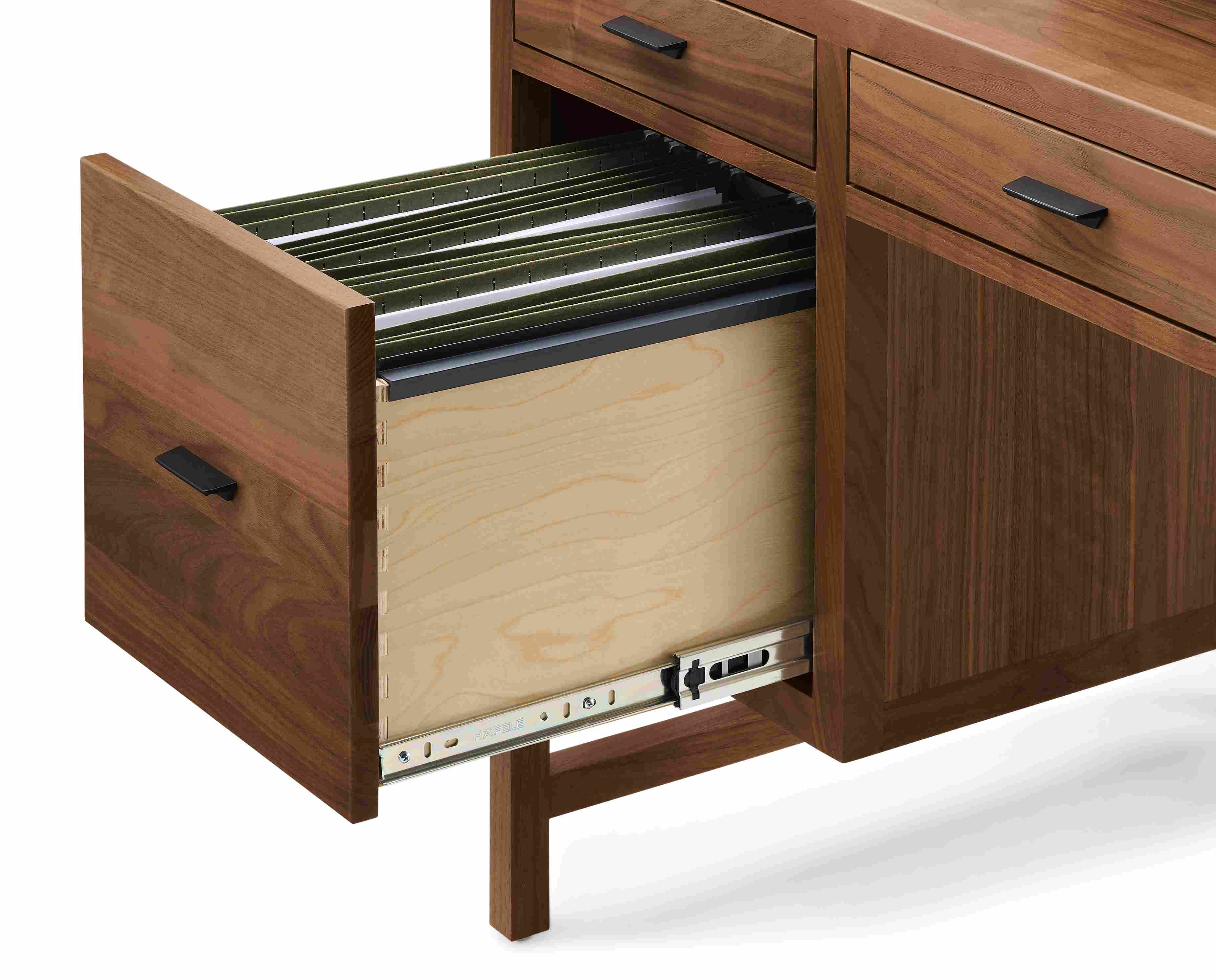 Close-up of open file drawer on Berkeley 66-wide desk in walnut showing showing legal size files folders.