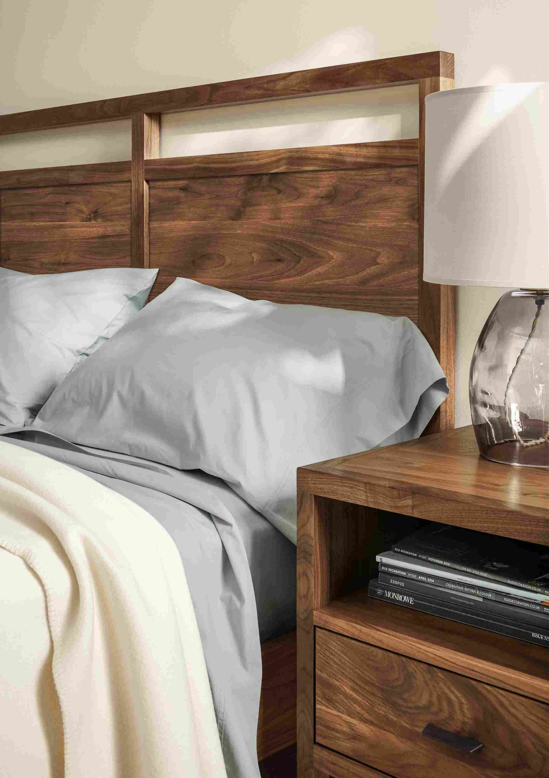 Side view of Berkeley queen bed headboard.