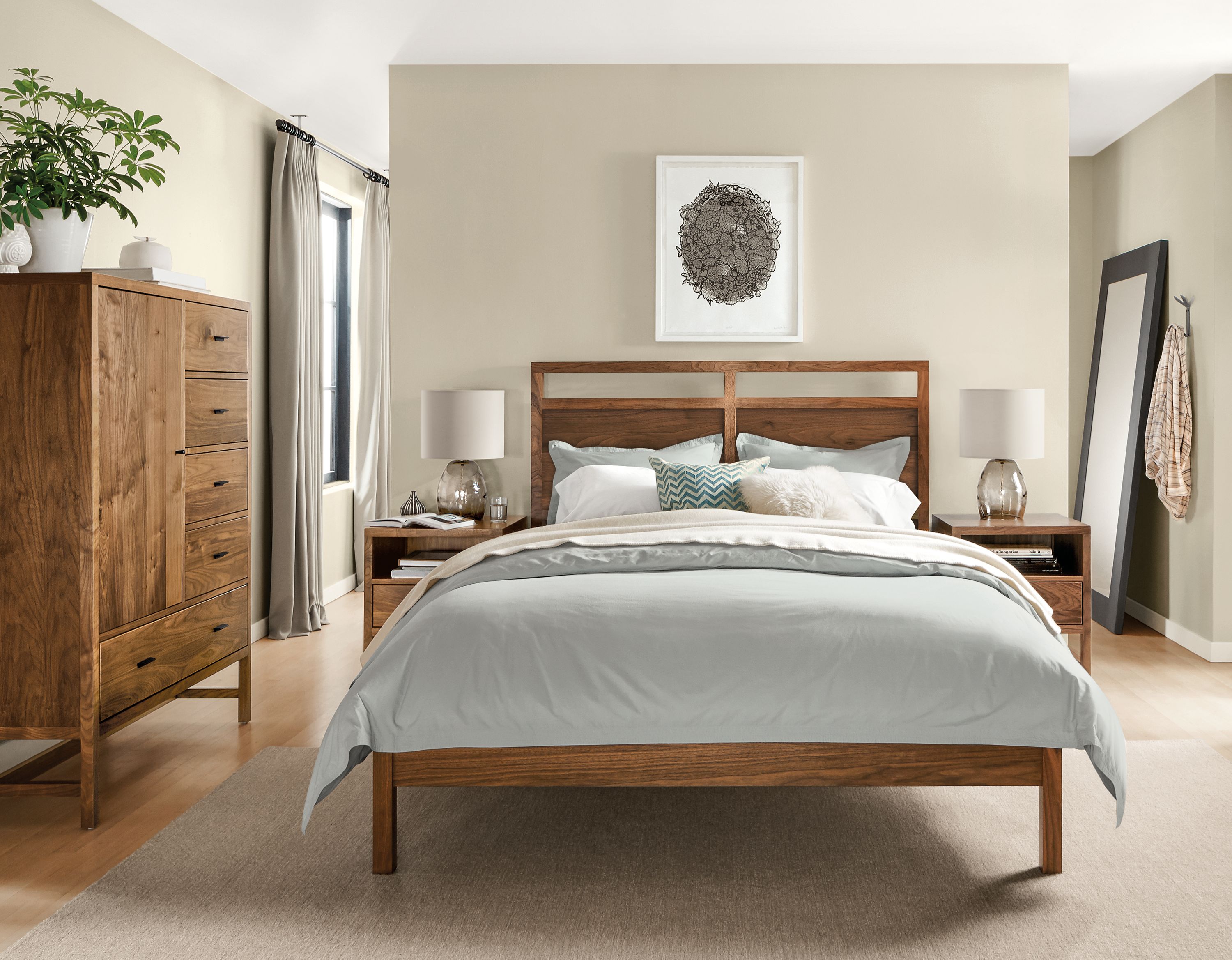 Berkeley queen bed in Japanese-inspired bedroom.