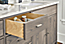 Close detail of Berkeley vanity with open drawer.