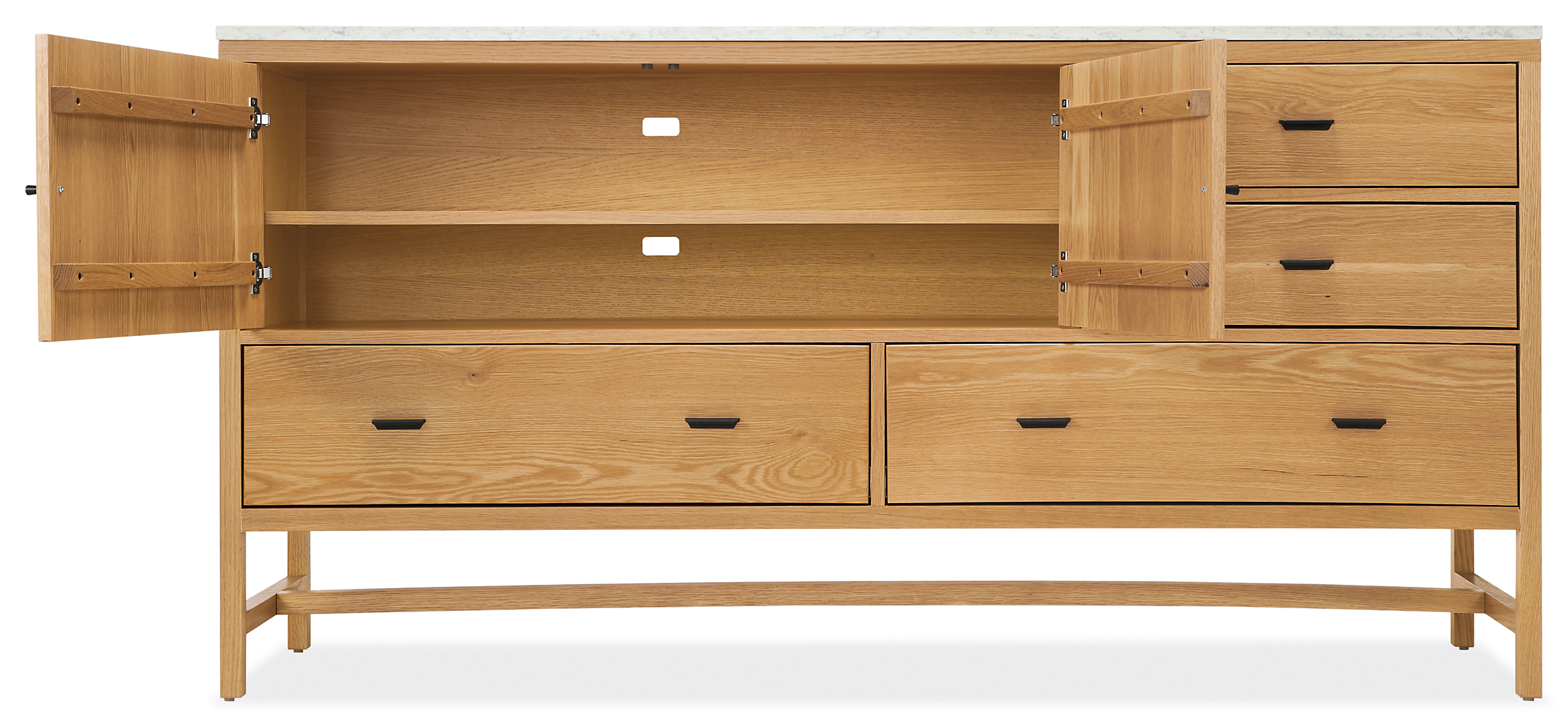 Detail of Berkeley 72-wide storage cabinet in white oak with open doors showing cord management holes and shelf.