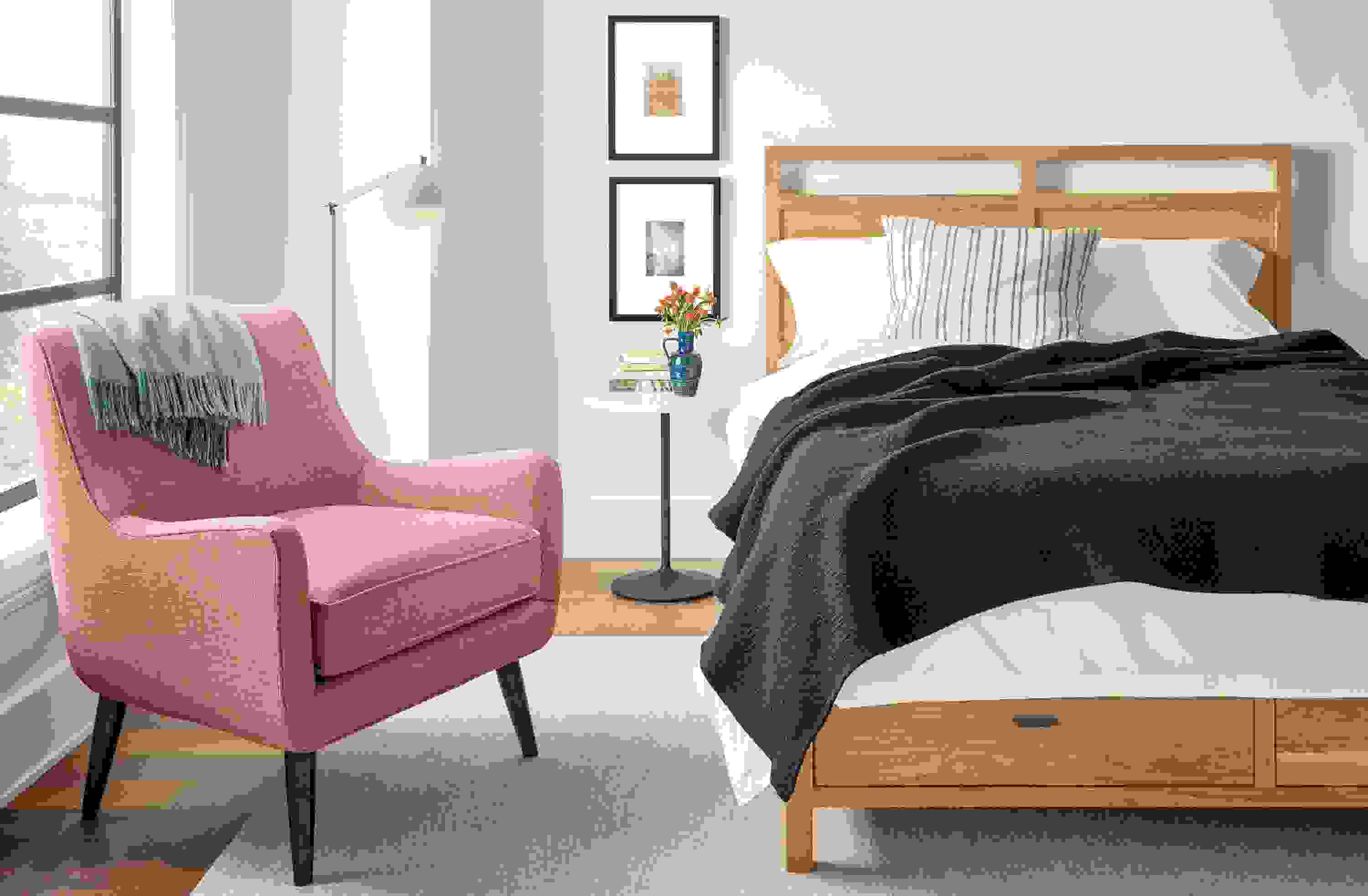 Detail of Berkeley queen storage bed in white oak in bedroom.