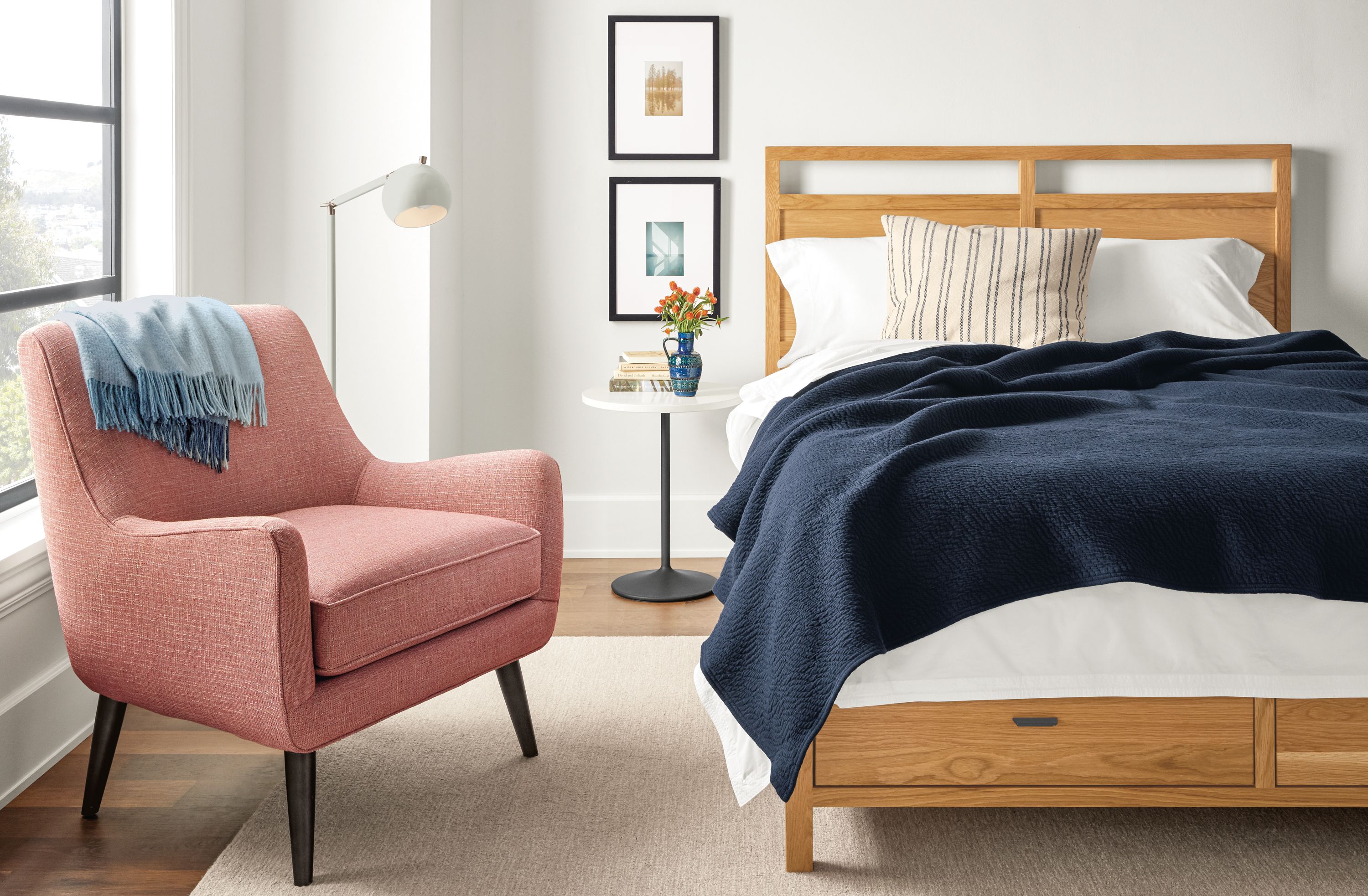 Detail of Berkeley queen storage bed in white oak in bedroom.