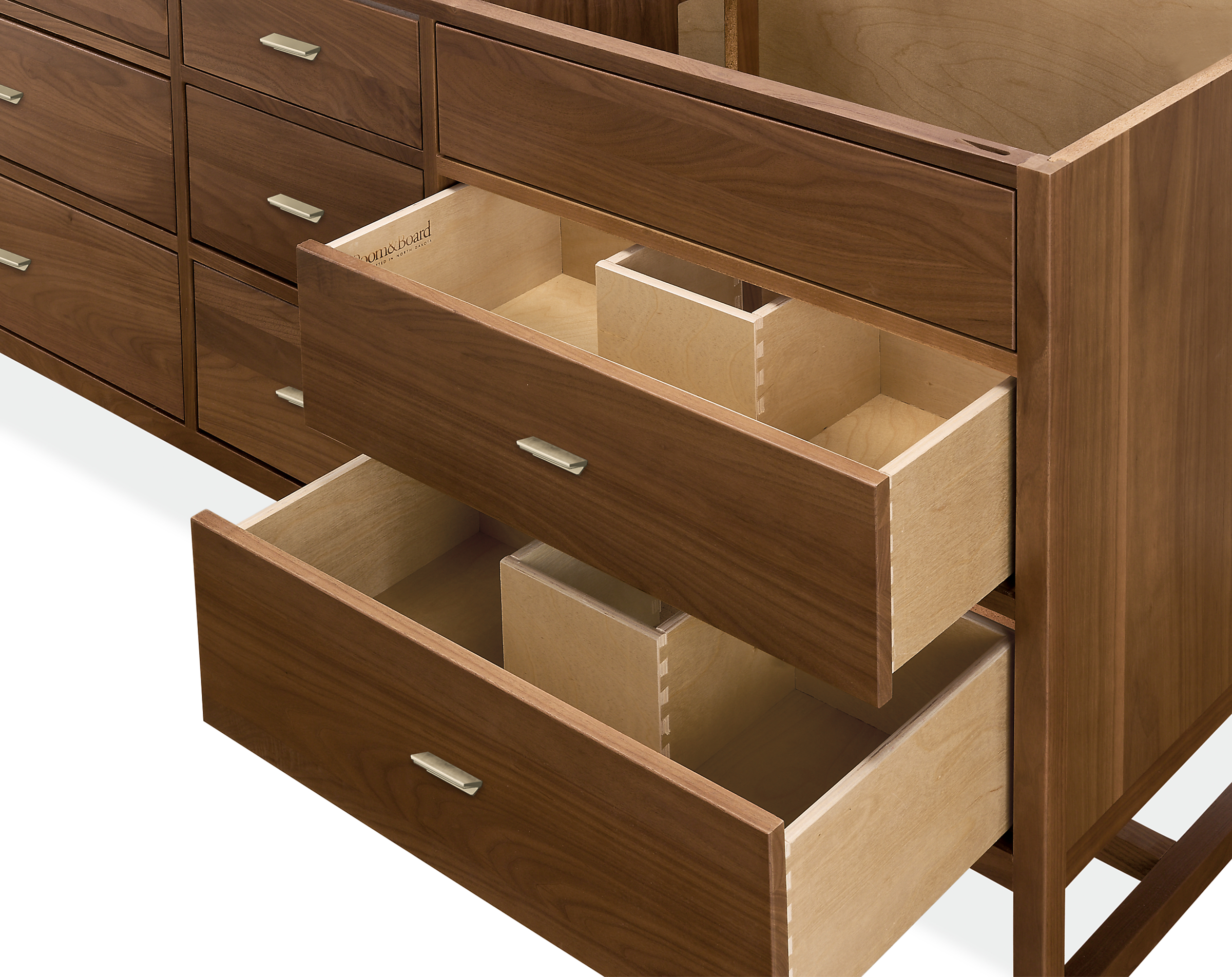 Close-up of Berkeley 70.5-wide vanity cabinet in walnut and polished nickel pulls shown with two of the drawers open.