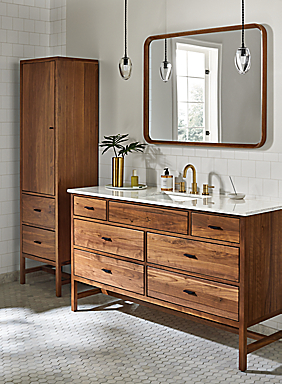 Bathroom with Berkeley 60-wide vanity with drawers and Berkeley 20-wide linen cabinet with door.