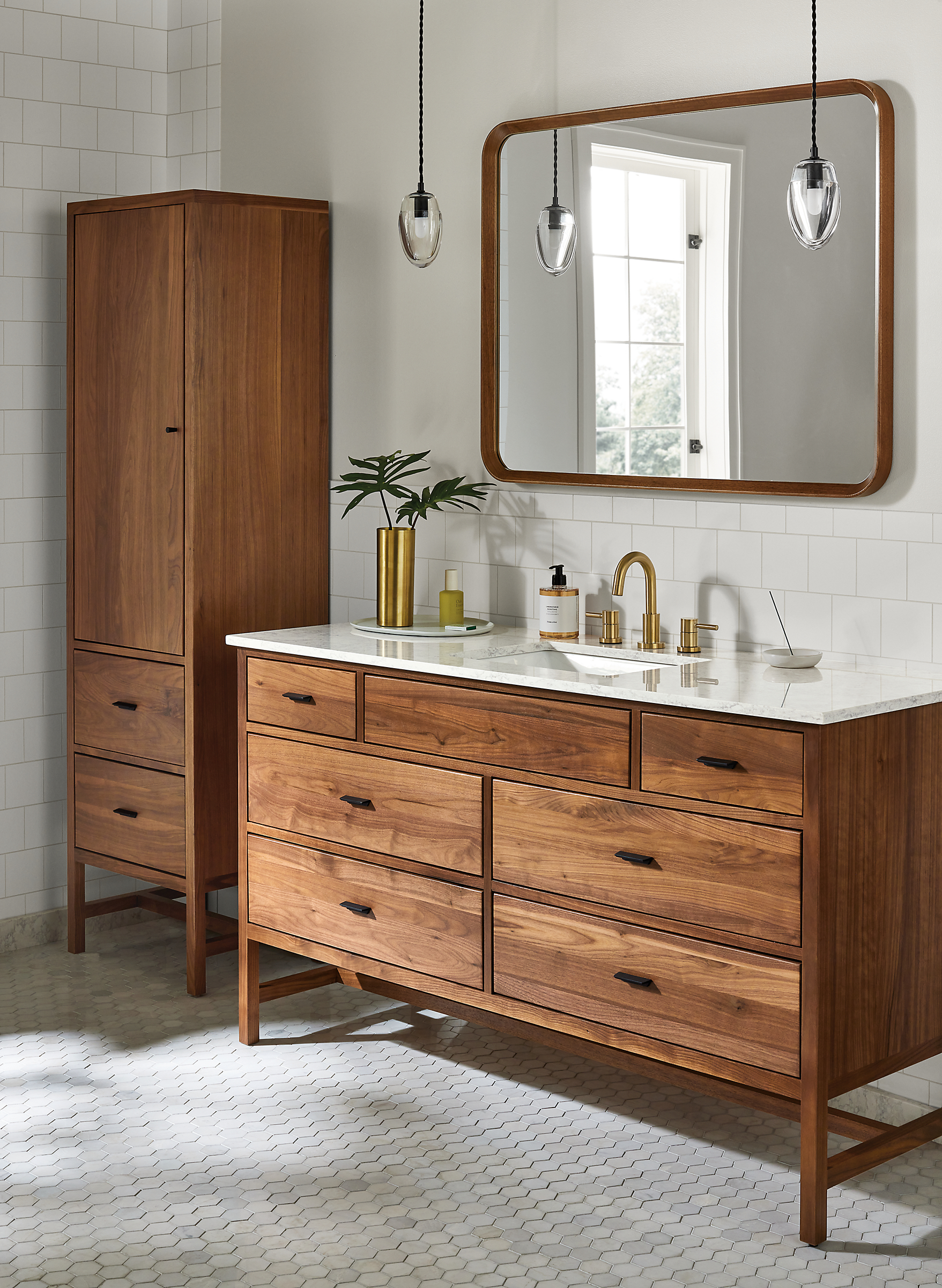 Bathroom with Berkeley 60-wide vanity with drawers and Berkeley 20-wide linen cabinet with door.