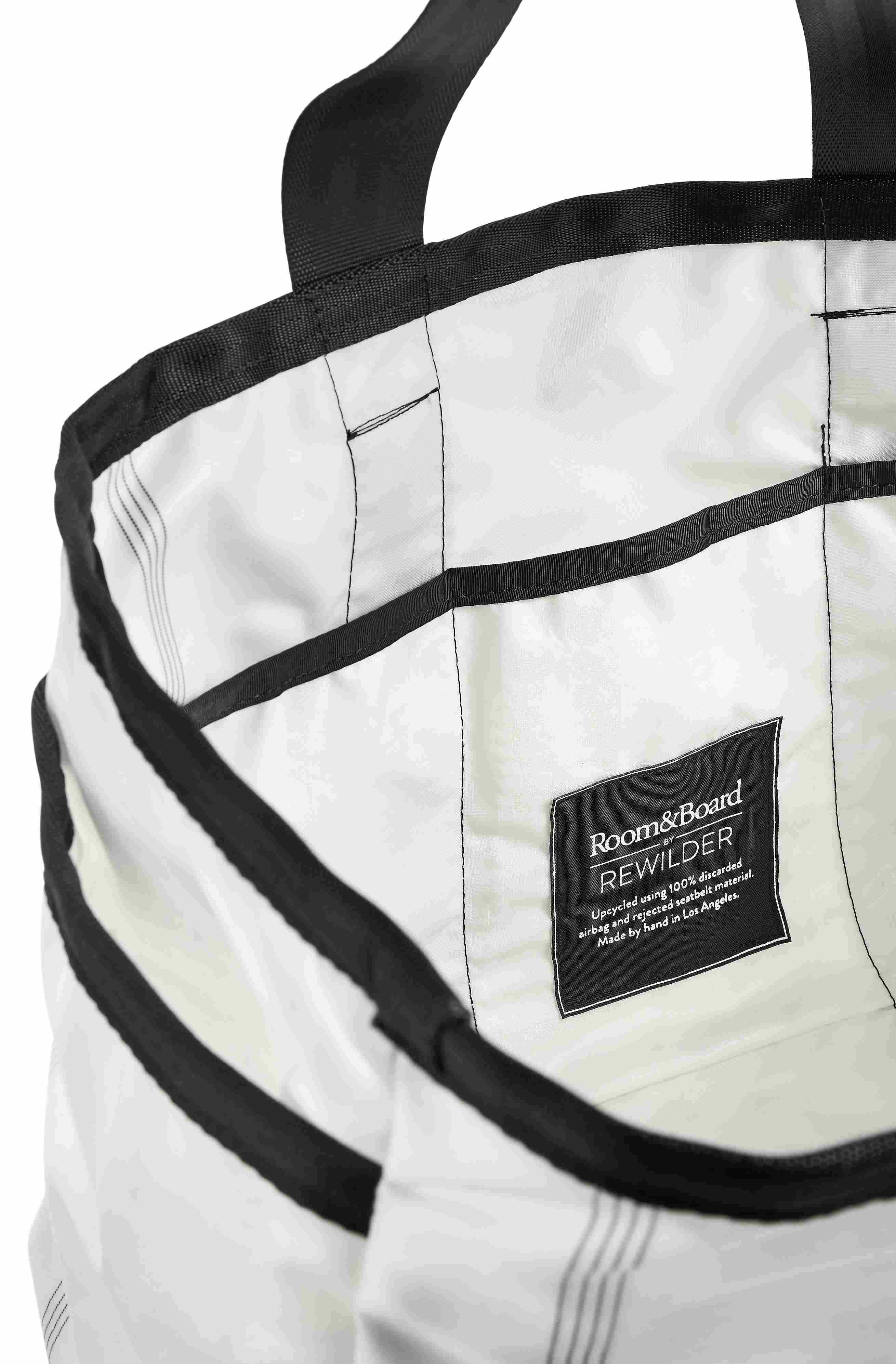Detail of Bianco Bag made from upcycled airbags and seatbelt materials.