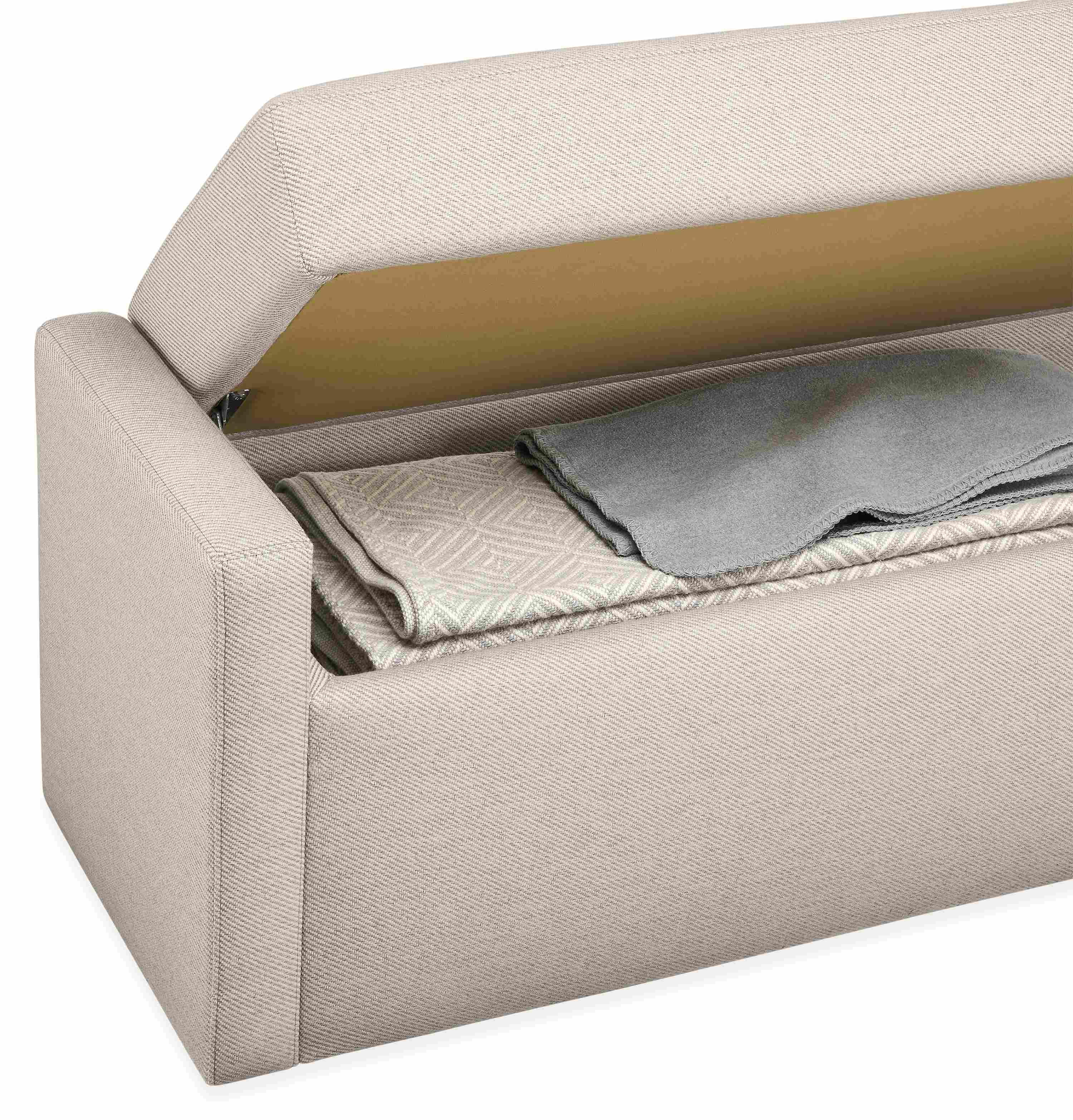 Detail of open Blakely 60-wide storage bench in derry natural with norwich blanket in grey/ivory inside.