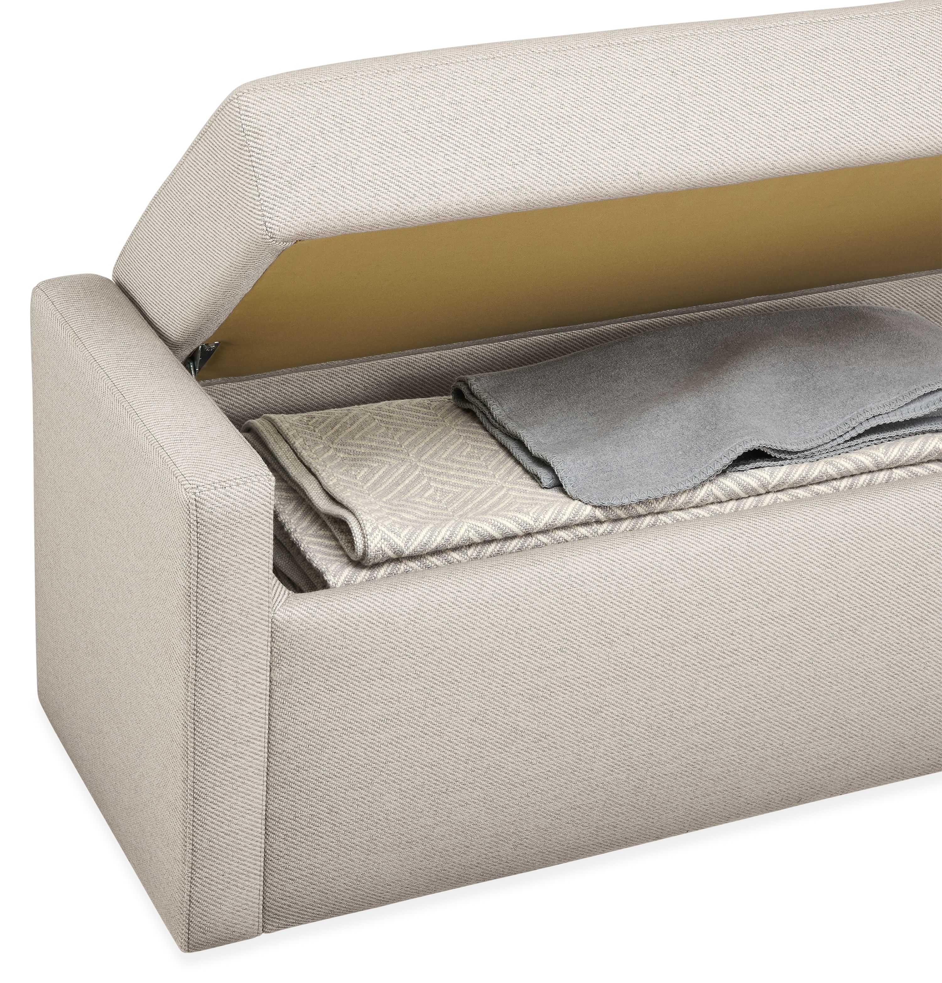 Detail of open Blakely 60-wide storage bench in derry natural with norwich blanket in grey/ivory inside.