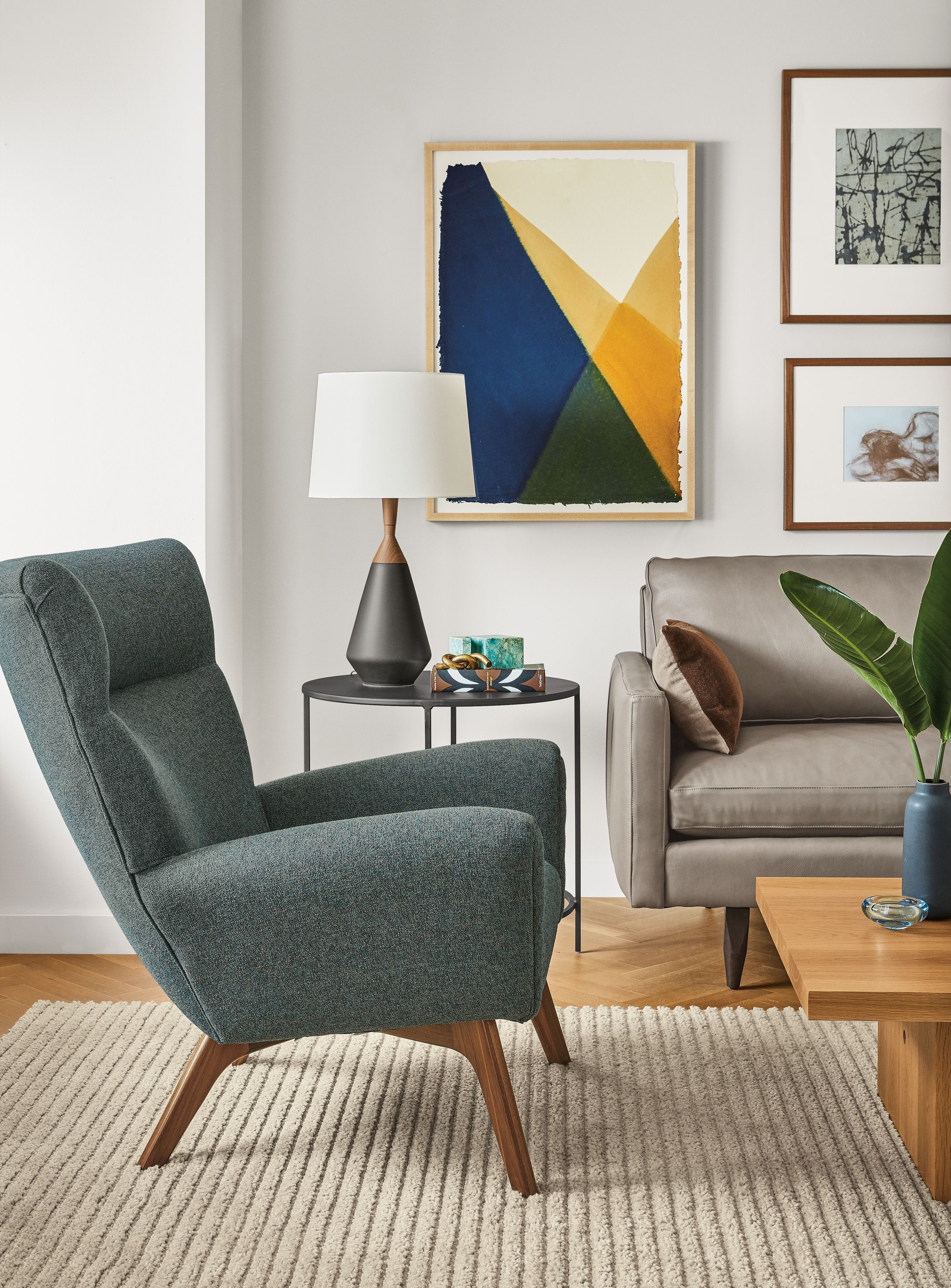 Detail of Boden chair in Tatum Haze fabric in living room.