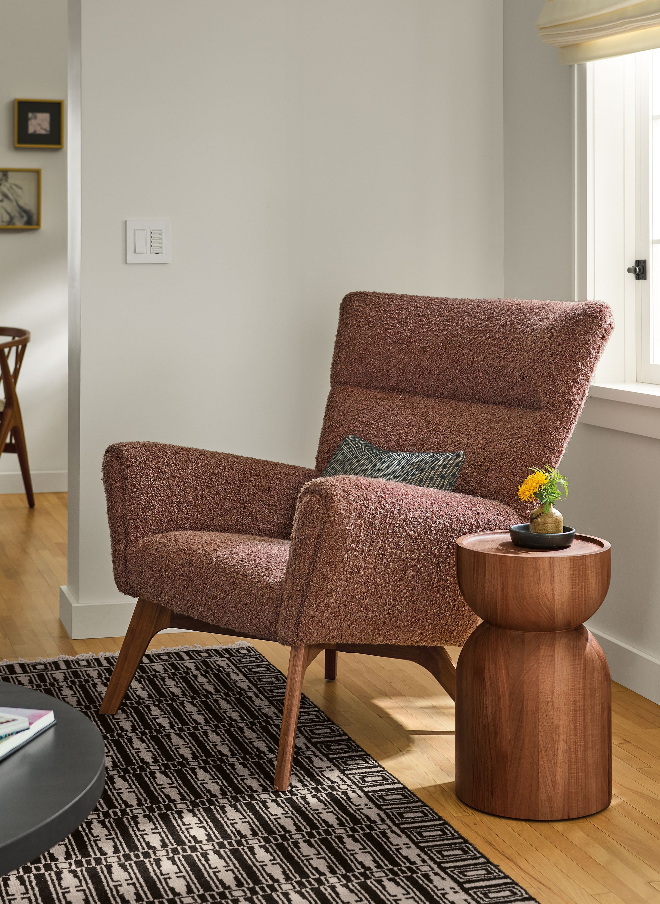 Chair in Dornick claystone fabric with walnut base