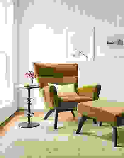 Detail view of Boden chair in mustard velvet.