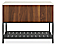 Back view of Booker 48-wide Four-Drawer Kitchen Island with Full Shelf in Walnut with Marbled White Quartz top.