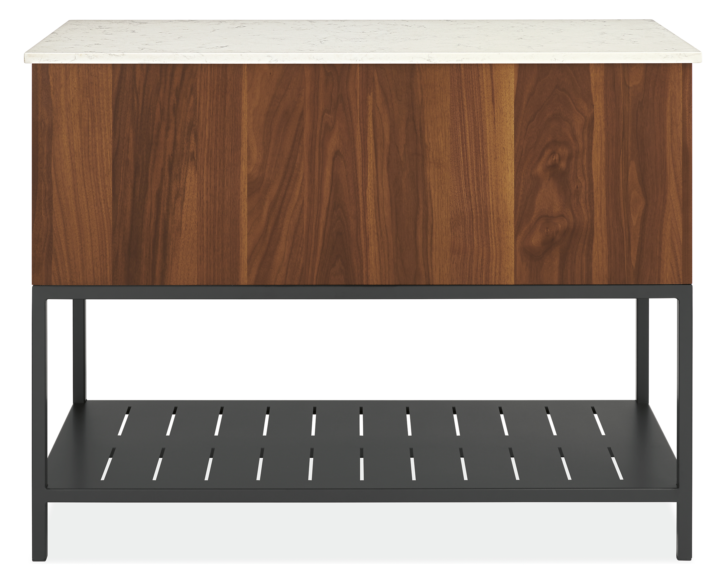 Back view of Booker 48-wide Four-Drawer Kitchen Island with Full Shelf in Walnut with Marbled White Quartz top.