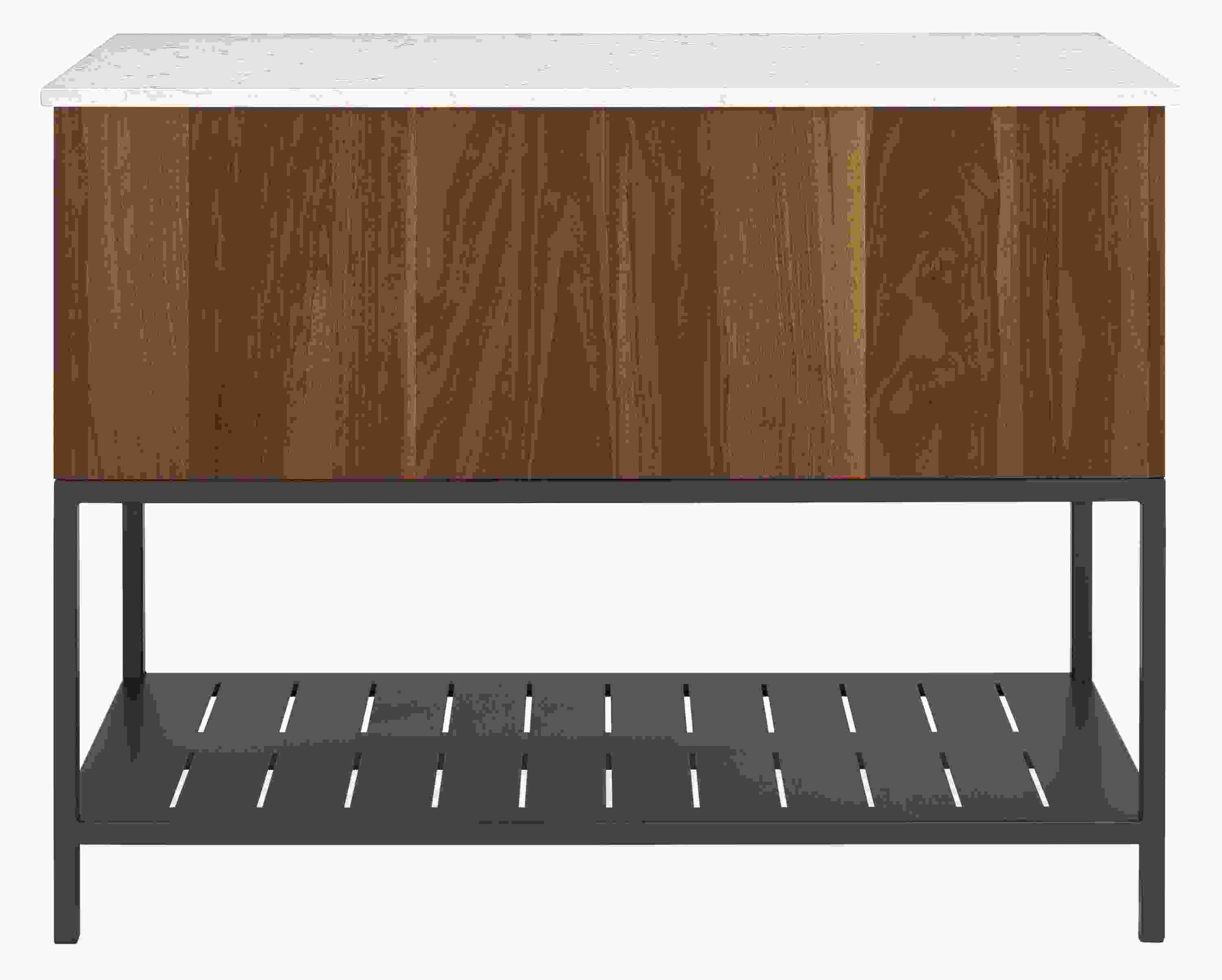 Back view of Booker 48-wide Four-Drawer Kitchen Island with Full Shelf in Walnut with Marbled White Quartz top.