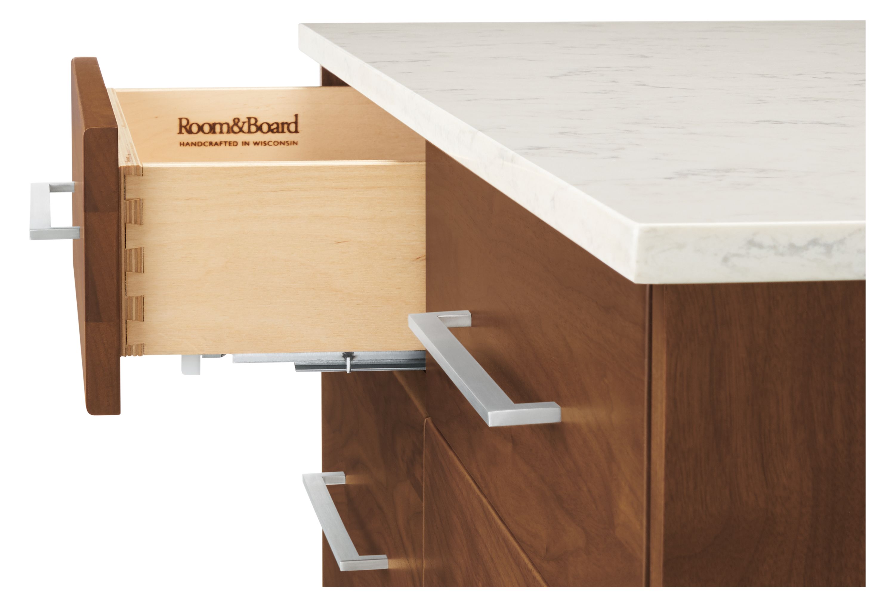 Detail of Booker 48-wide Four-Drawer Kitchen Island with Full Shelf.