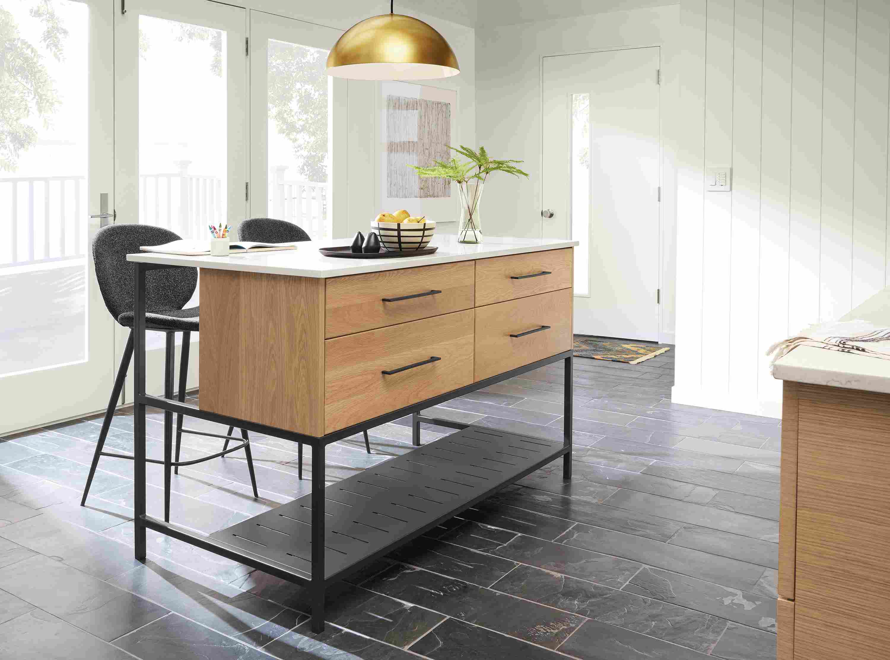 Kitchen with Booker 60-wide kitchen island with shelf in rye on red oak with white quartz top.