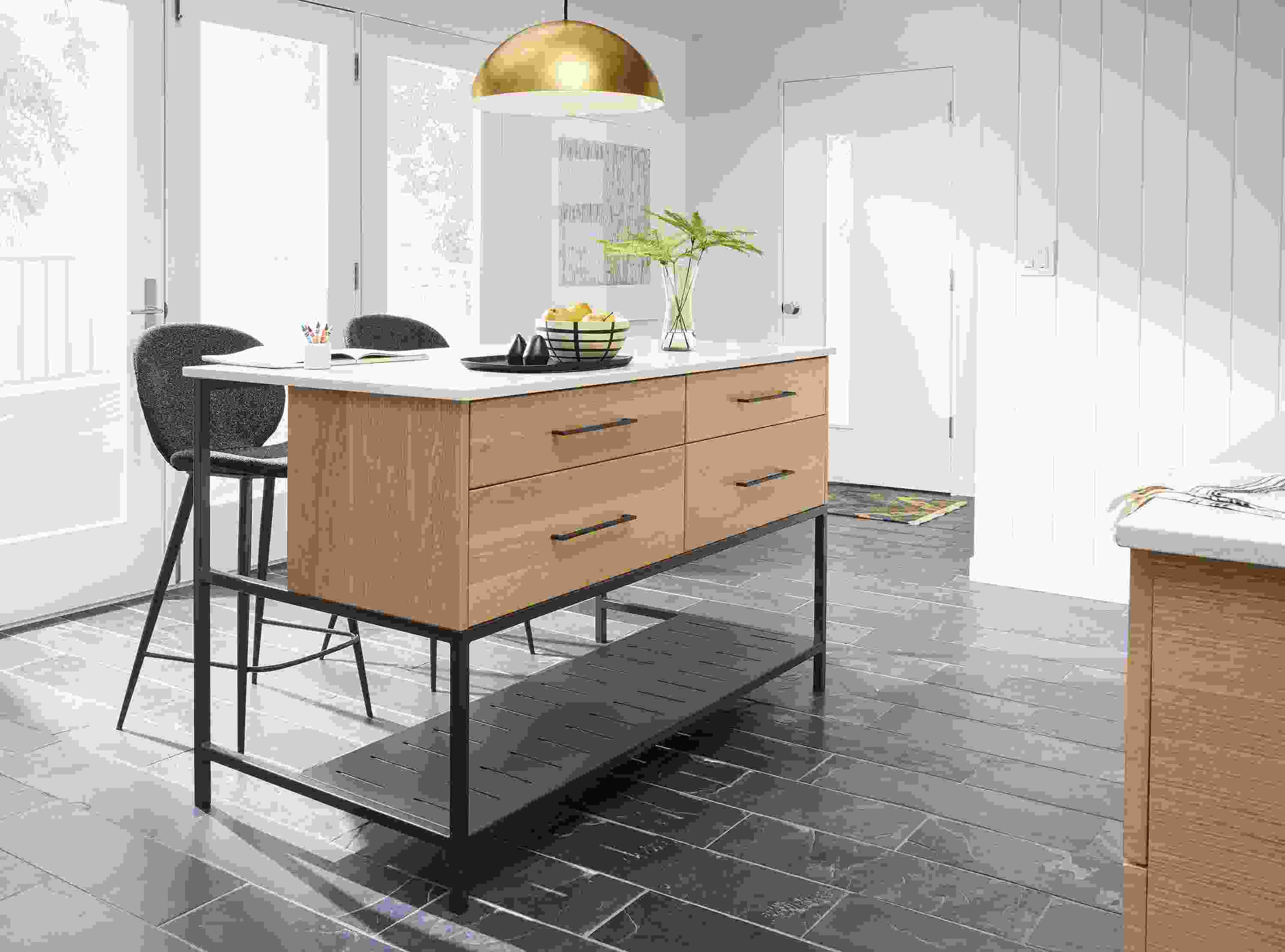 Kitchen with Booker 60-wide kitchen island with shelf in rye on red oak with white quartz top.