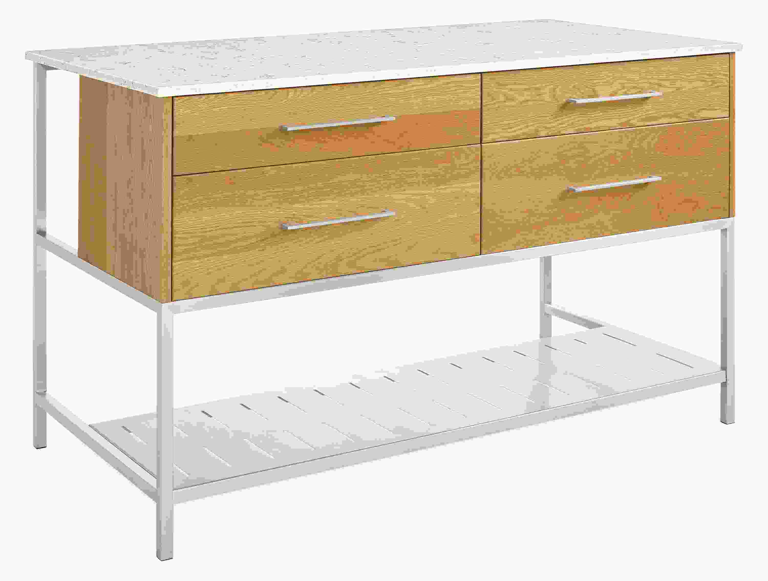 Angled view of Booker 60w 30d 36h Four-Drawer Kitchen Island with Narrow Shelf in White Oak with Marbled White Quartz Top.