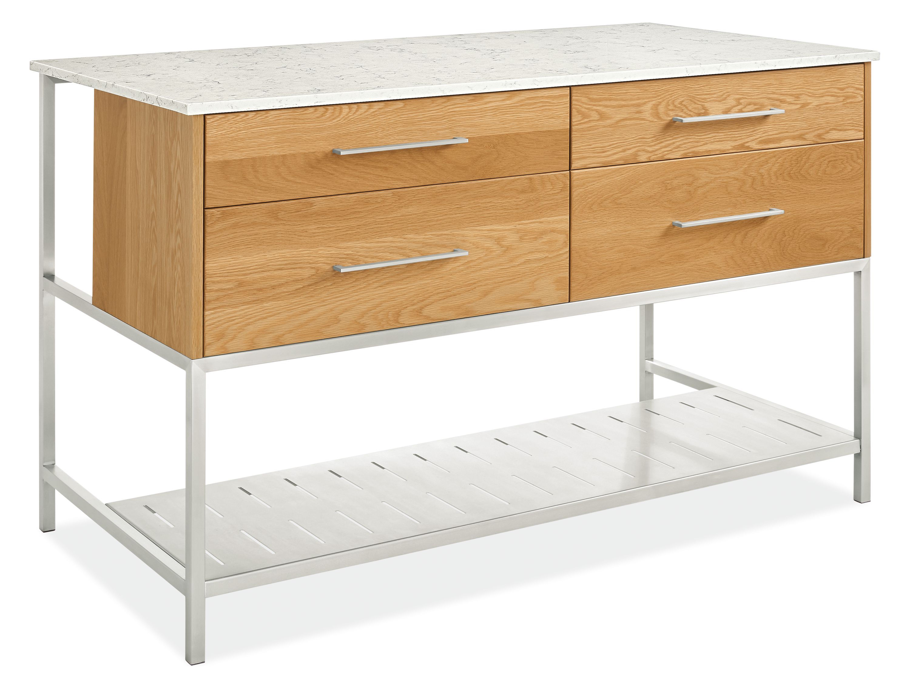 Angled view of Booker 60w 30d 36h Four-Drawer Kitchen Island with Narrow Shelf in White Oak with Marbled White Quartz Top.