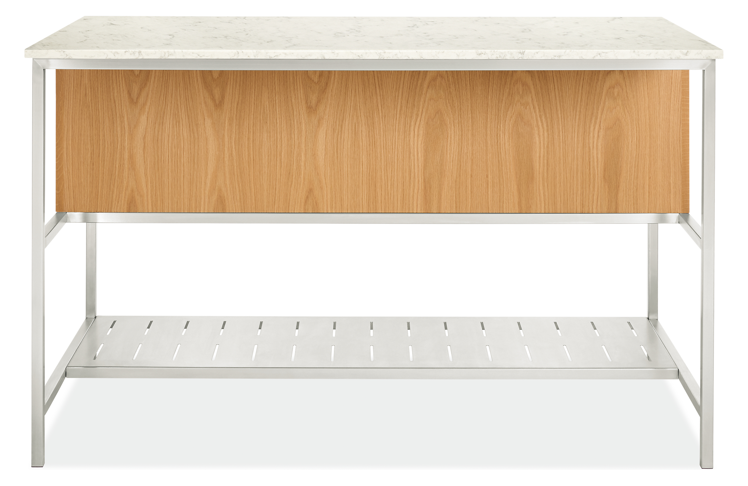 Back view of Booker 60-wide Four-Drawer Kitchen Island with Narrow Shelf in White Oak with Marbled White Quartz top.