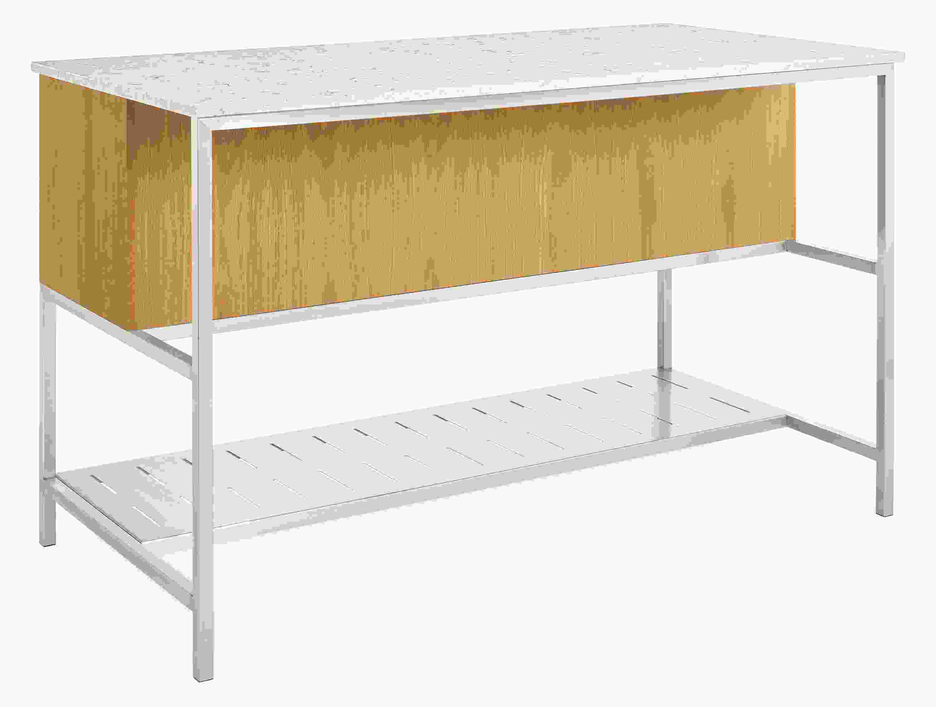 Back view of Booker 60w 30d 36h Four-Drawer Kitchen Island with Narrow Shelf.