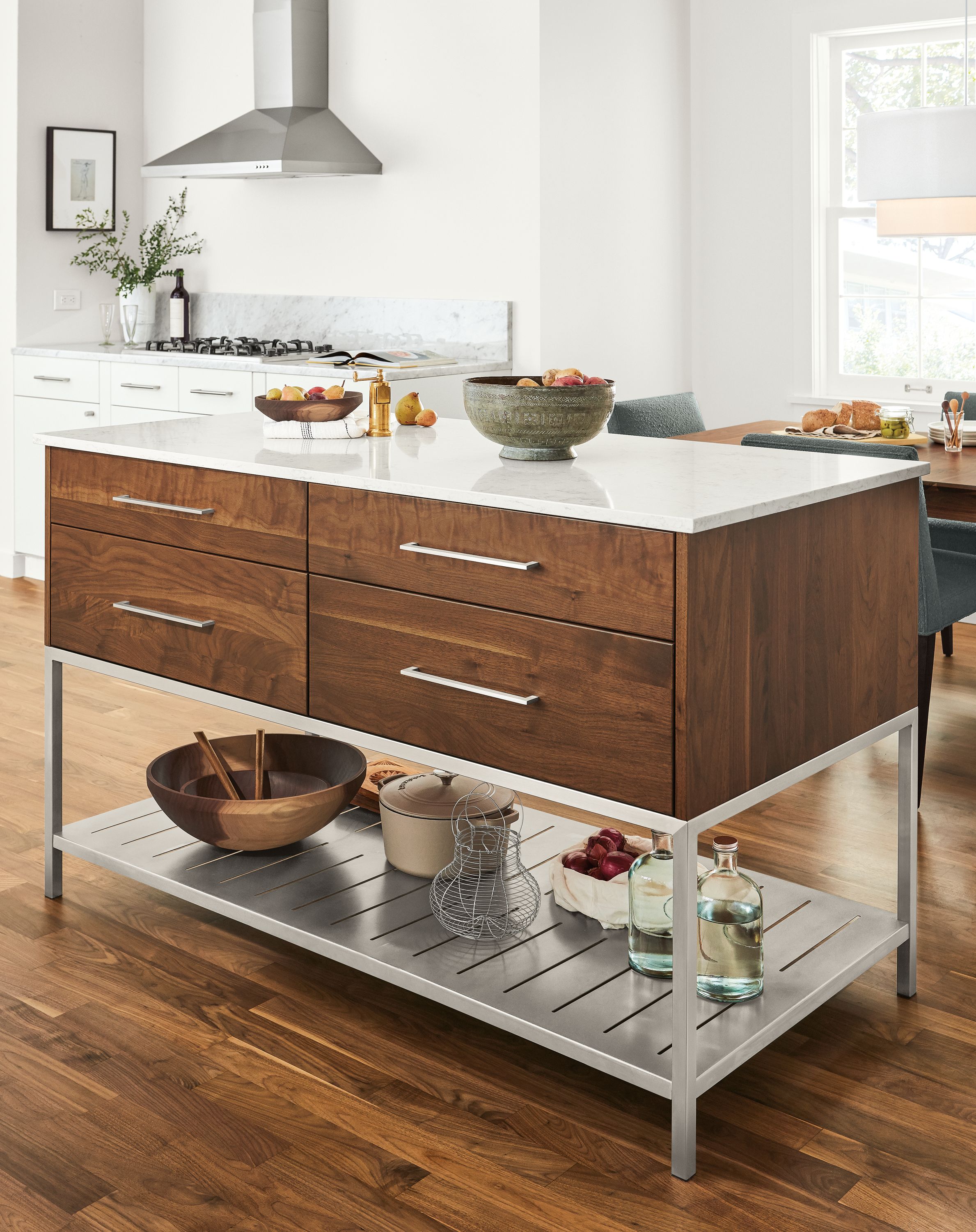 Kitchen with Booker kitchen island in walnut.