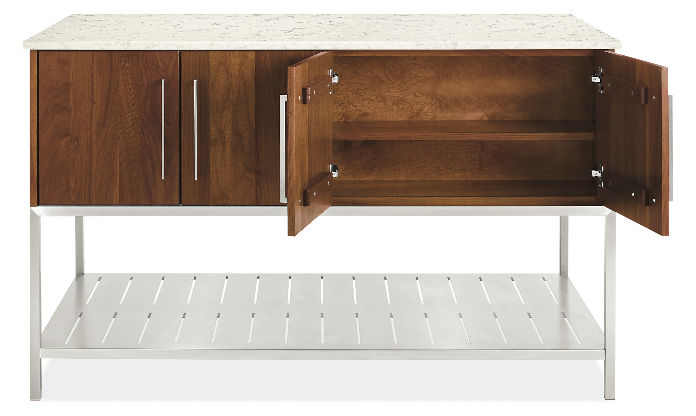 Open detail of Booker 60w 30d 36h Four-Drawer /Four-Door Kitchen Island with Full Shelf.