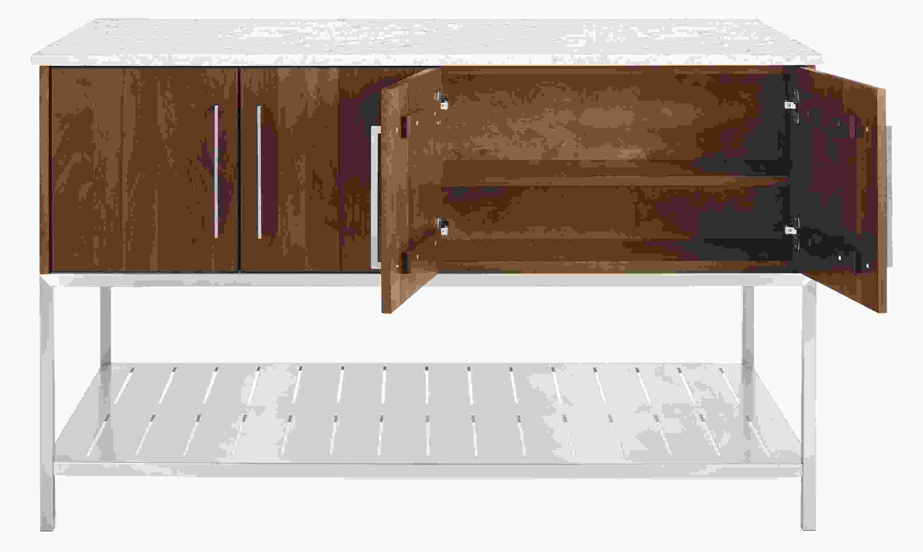 Open detail of Booker 60w 30d 36h Four-Drawer /Four-Door Kitchen Island with Full Shelf.