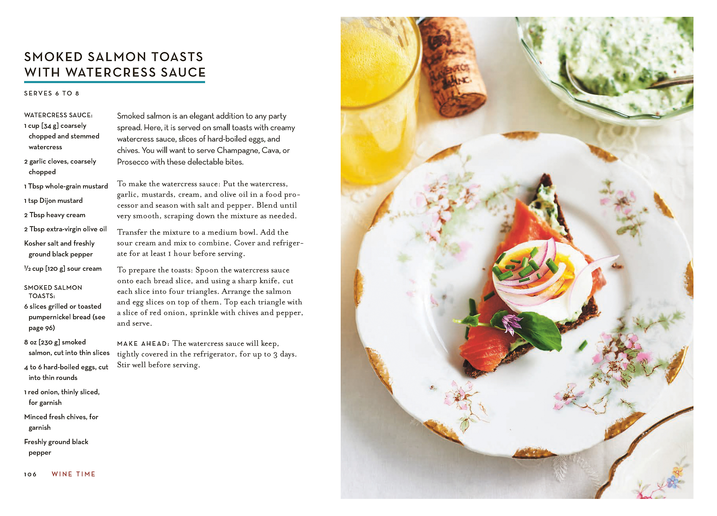Detail of Wine Time Cookbook showing recipe for Smoked Salmon toast with watercress sauce.