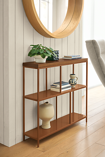 Detail of small Bowen console table in Cognac in entryway.