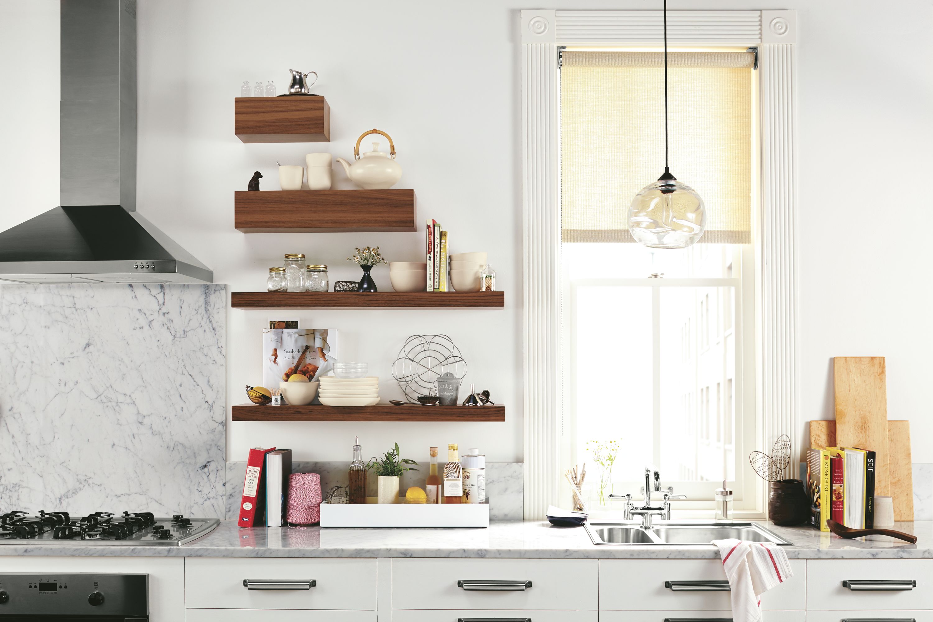 Front view of Float open shelving in kitchen.