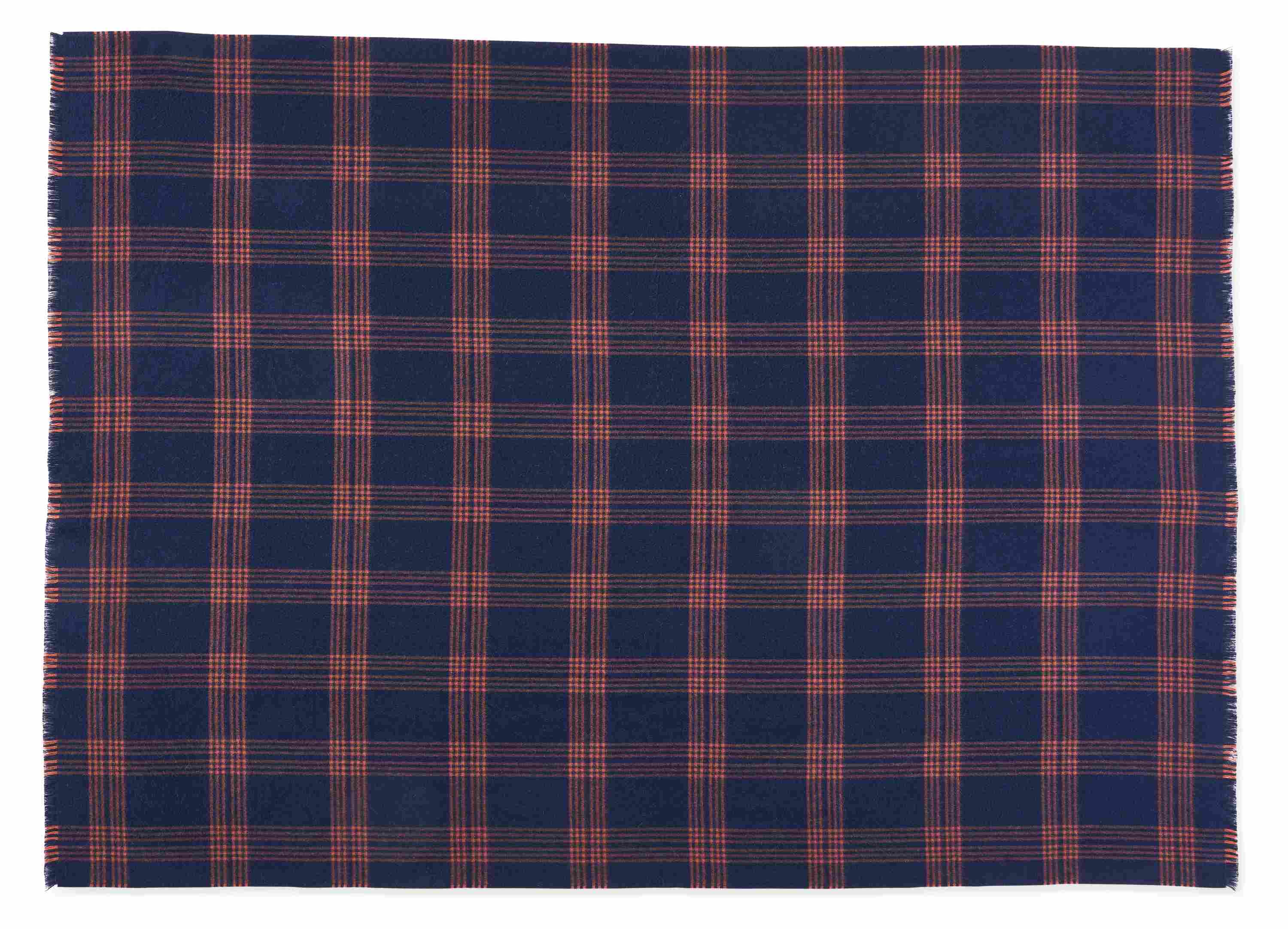 Overhead view of broxburn throw blanket in navy/rust.
