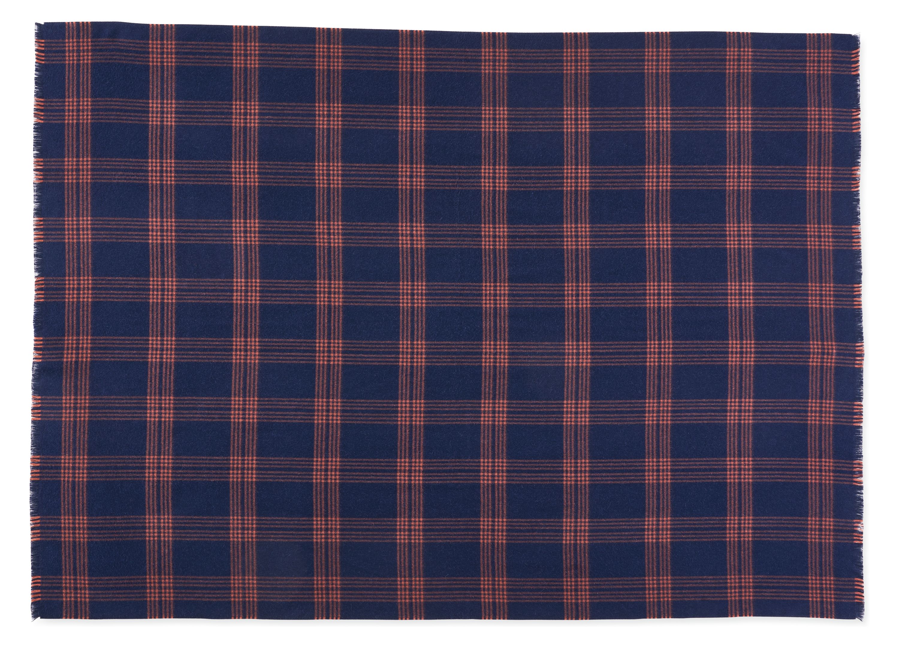 Overhead view of broxburn throw blanket in navy/rust.