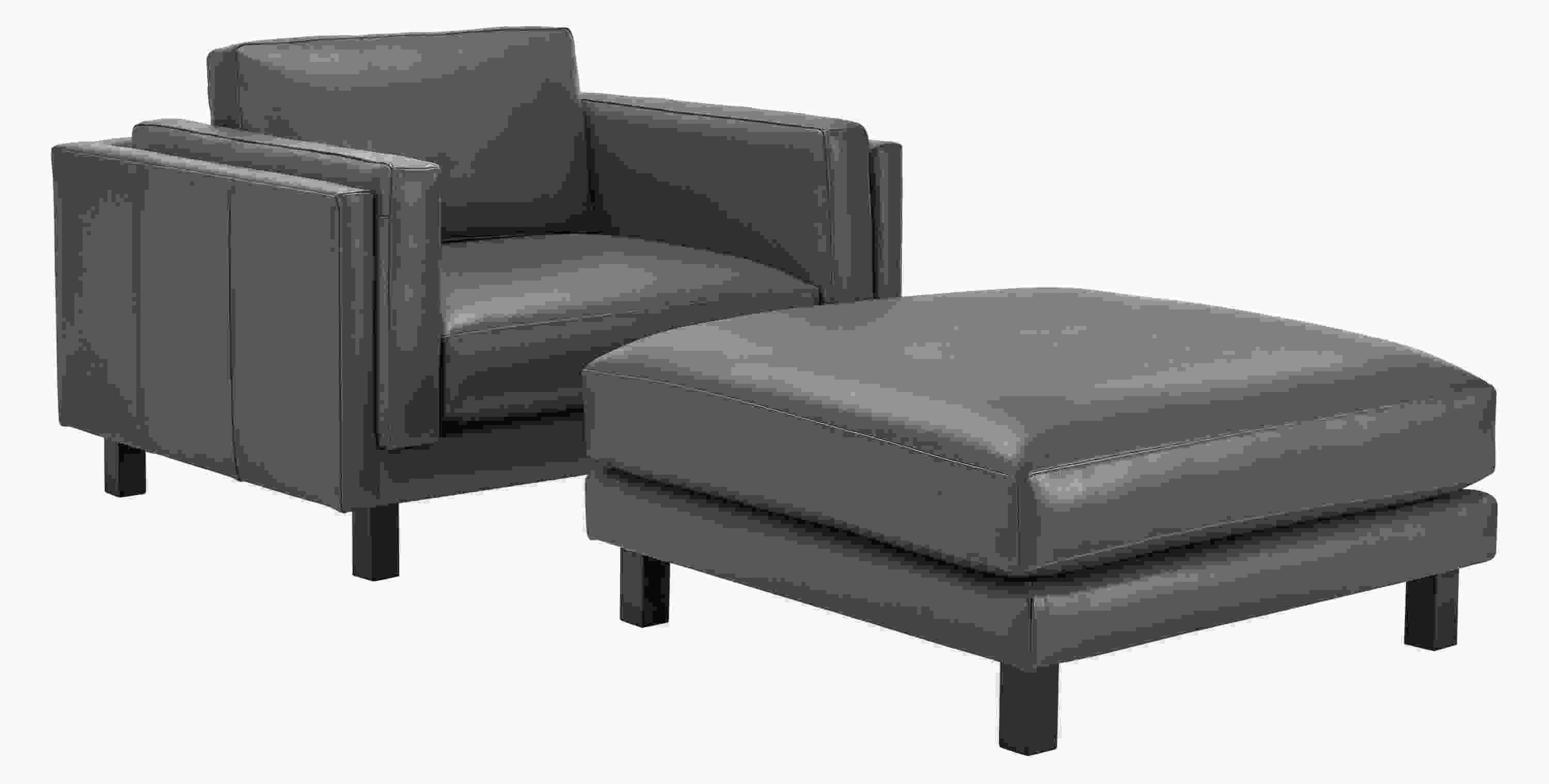 Detail of Cade chair and a half with ottoman in urbino leather.