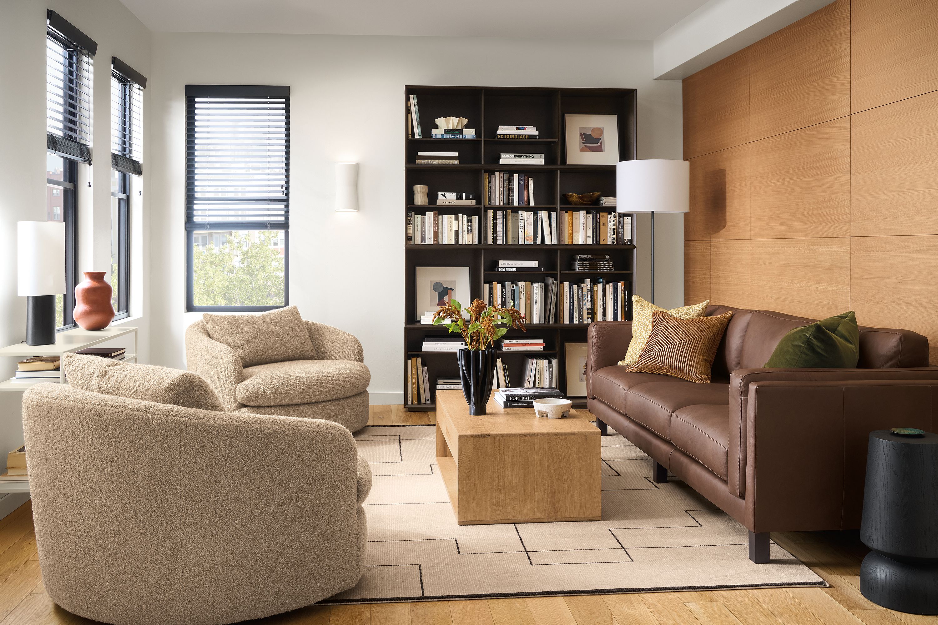 66w bookcase with base (bottom unit) and three 66w stacking bookcases in charcoal stain