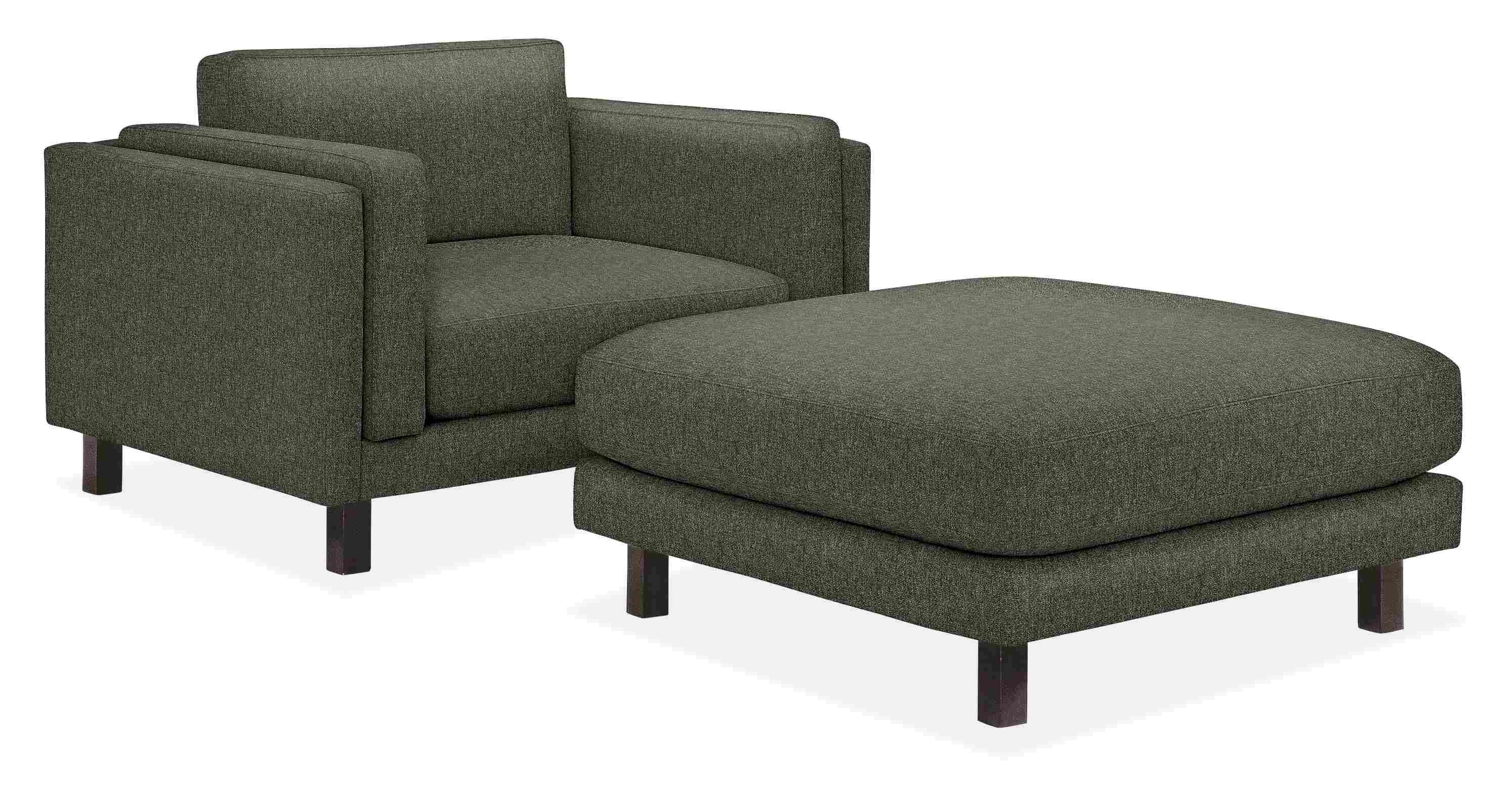 Angled view of Cade Chair and 40-square Ottoman in Orla Ivory and Stainless steel.