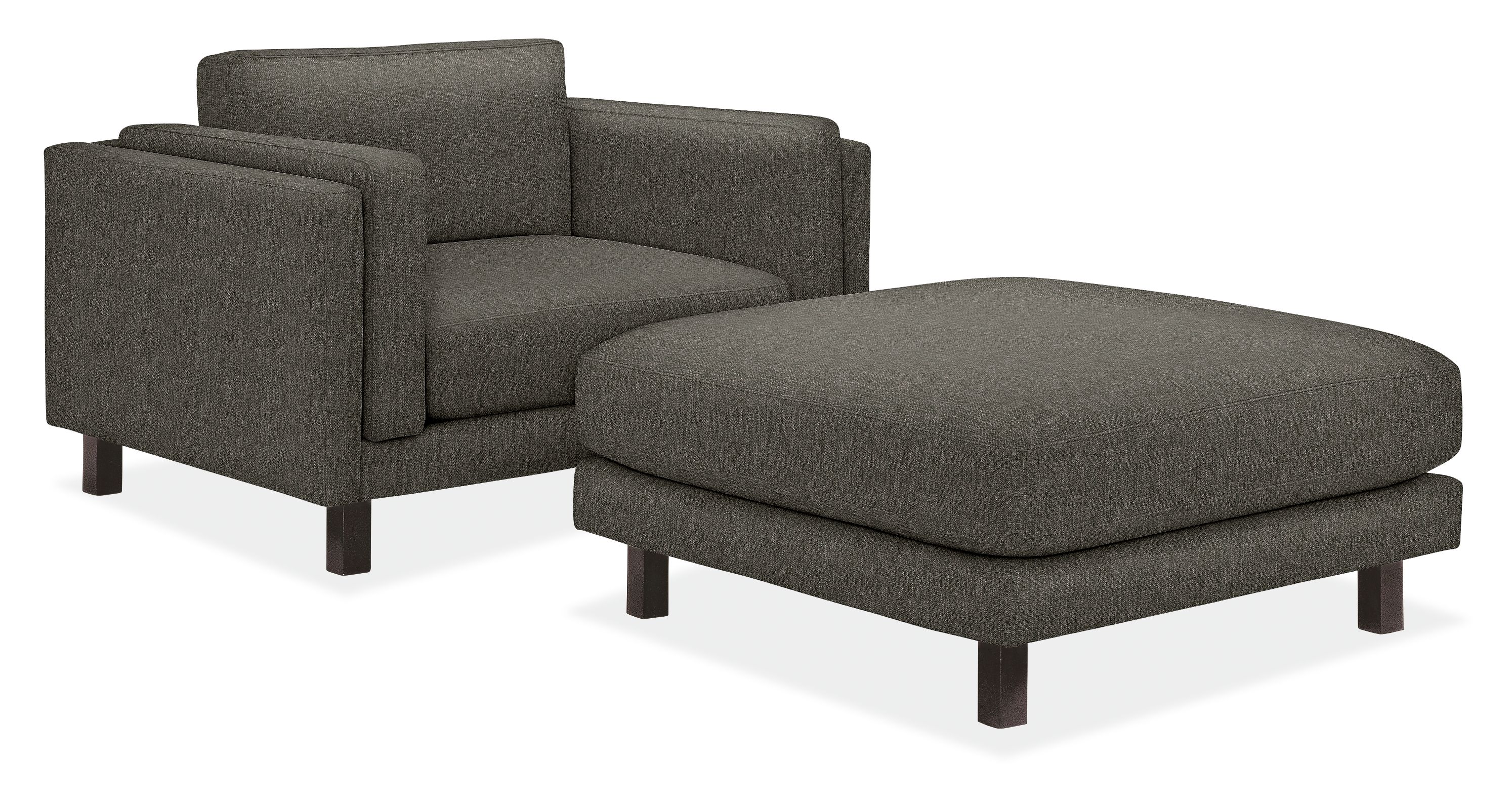 Angled view of Cade Chair and 40-square Ottoman in Orla Ivory and Stainless steel.