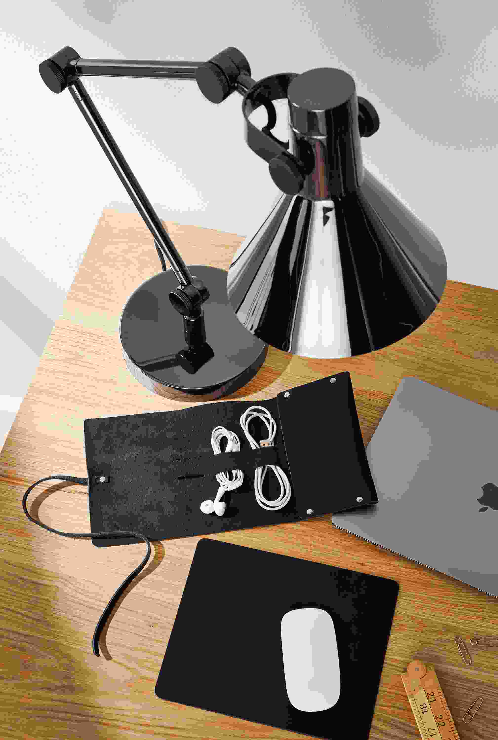 Office with Callahan leather cord roll in black.
