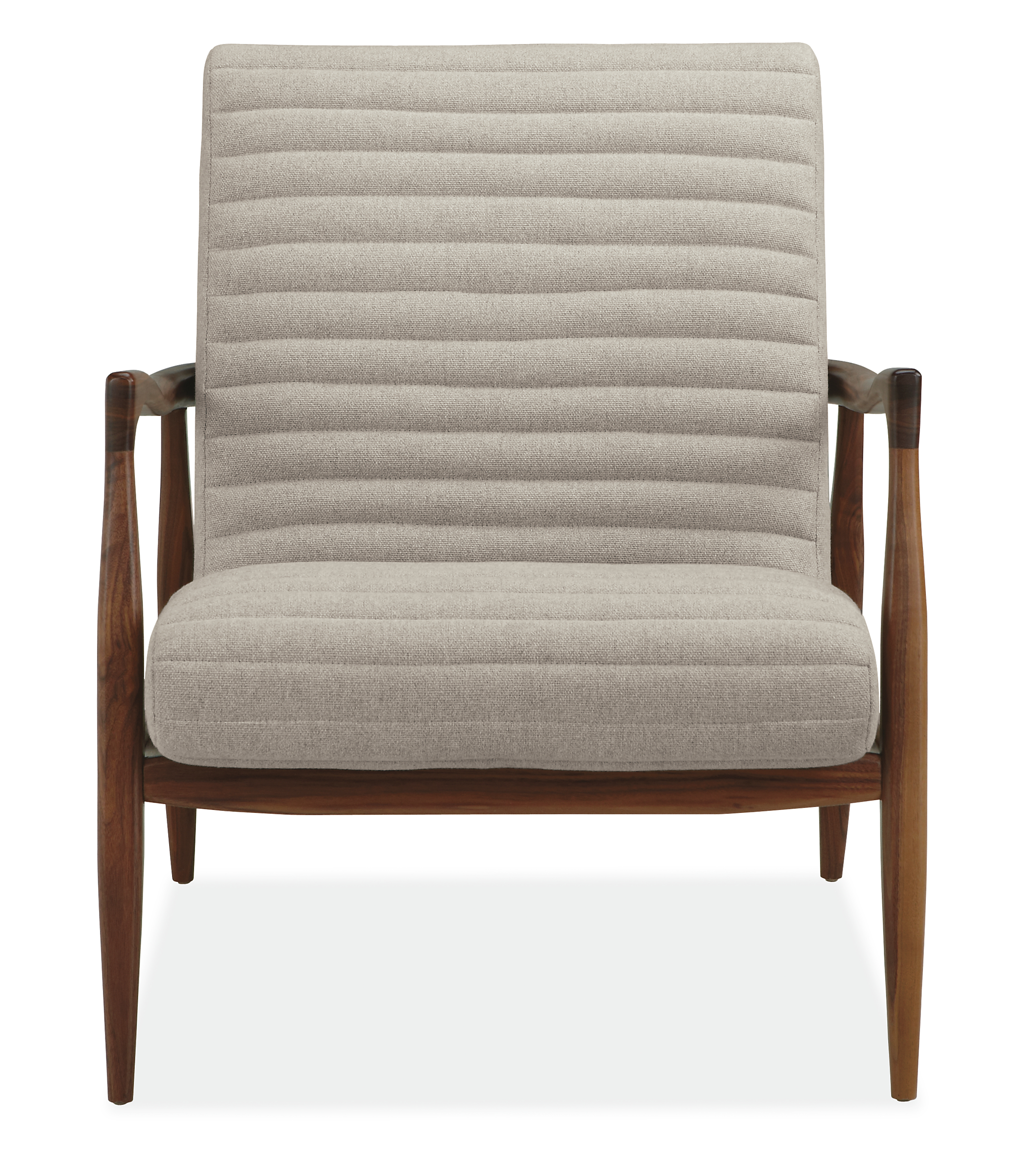 Front view of Callan Chair in Trip Fabric with Walnut Base.
