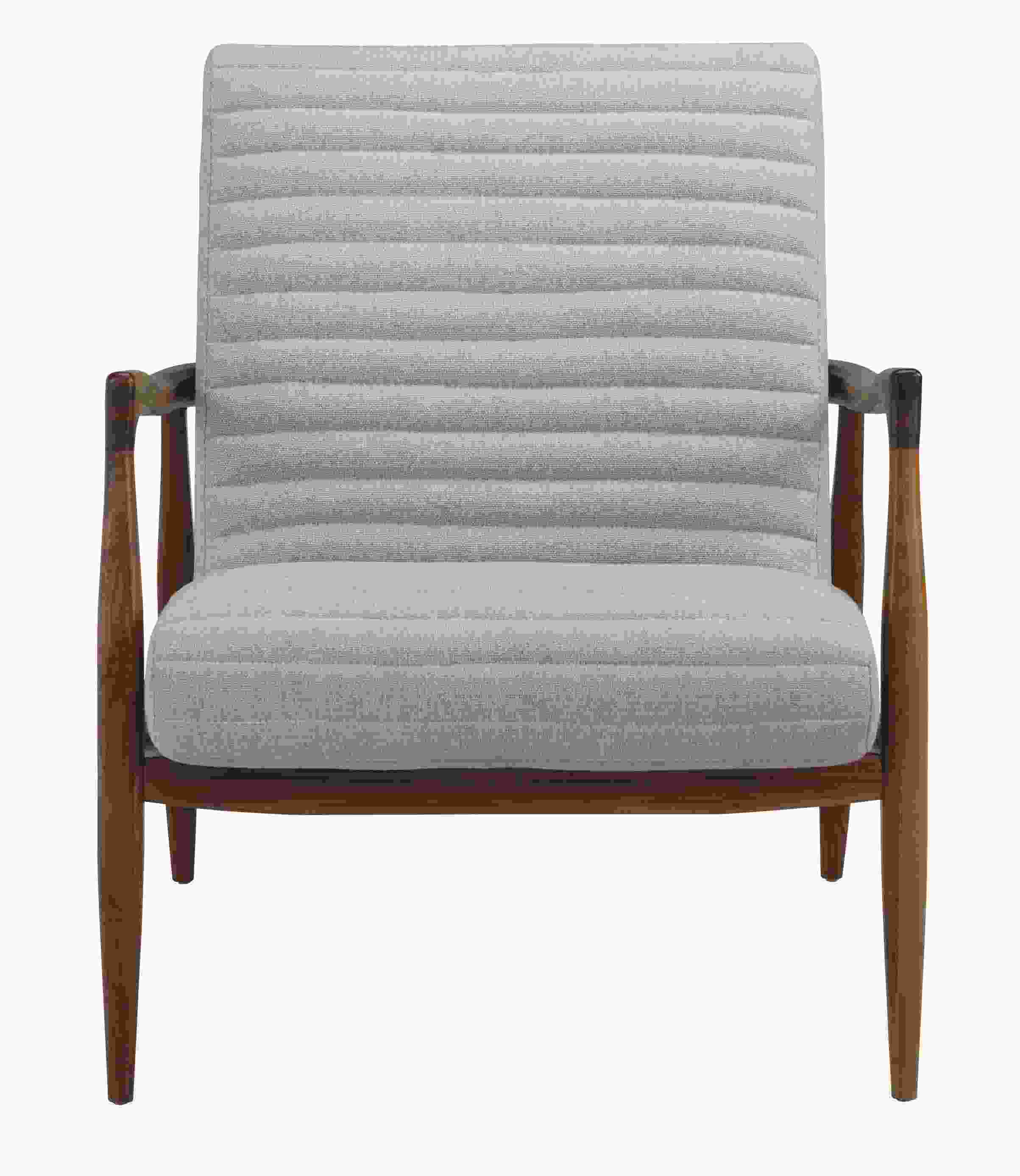 Front view of Callan Chair in Trip Fabric with Walnut Base.