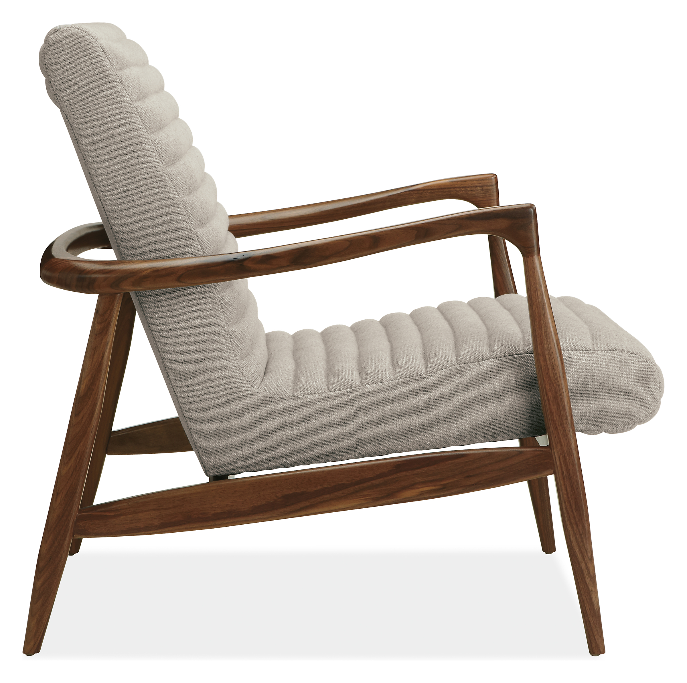 Side view of Callan Chair in Trip Linen with Walnut Base.